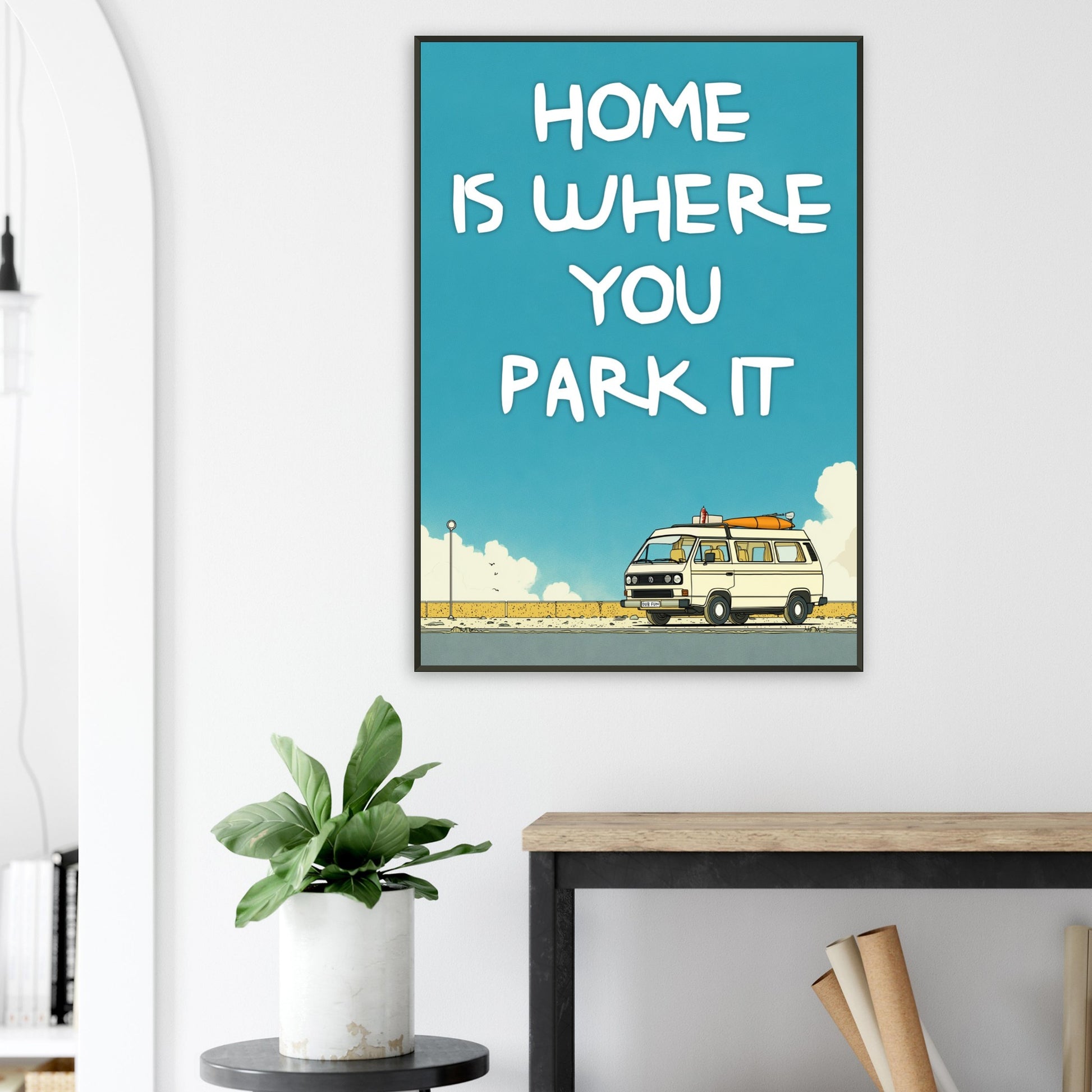 “Home Is Where You Park It” Camper Van Classic Matte Paper Metal Framed Poster – Retro VW Print, Van Life Wall Art, Coastal Adventure Decor, Gift for Van Lifers, Camping Gift - Rampage Design Studio