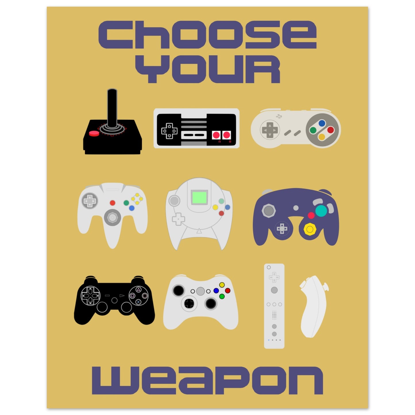 Choose Your Weapon Retro Poster, Vintage Gaming Controllers Art Print, Gift for Gamers, Boys room poster, gaming room poster - Rampage Design Studio
