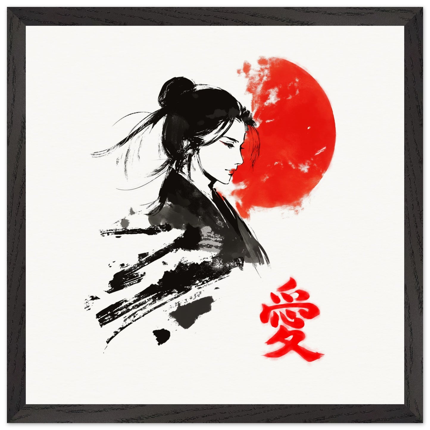Japanese Woman Art Print Rising Sun Love Kanji Elegant Sumi-e Wall Decor Japanese Art Poster Love Poster - Rampage Design Studio