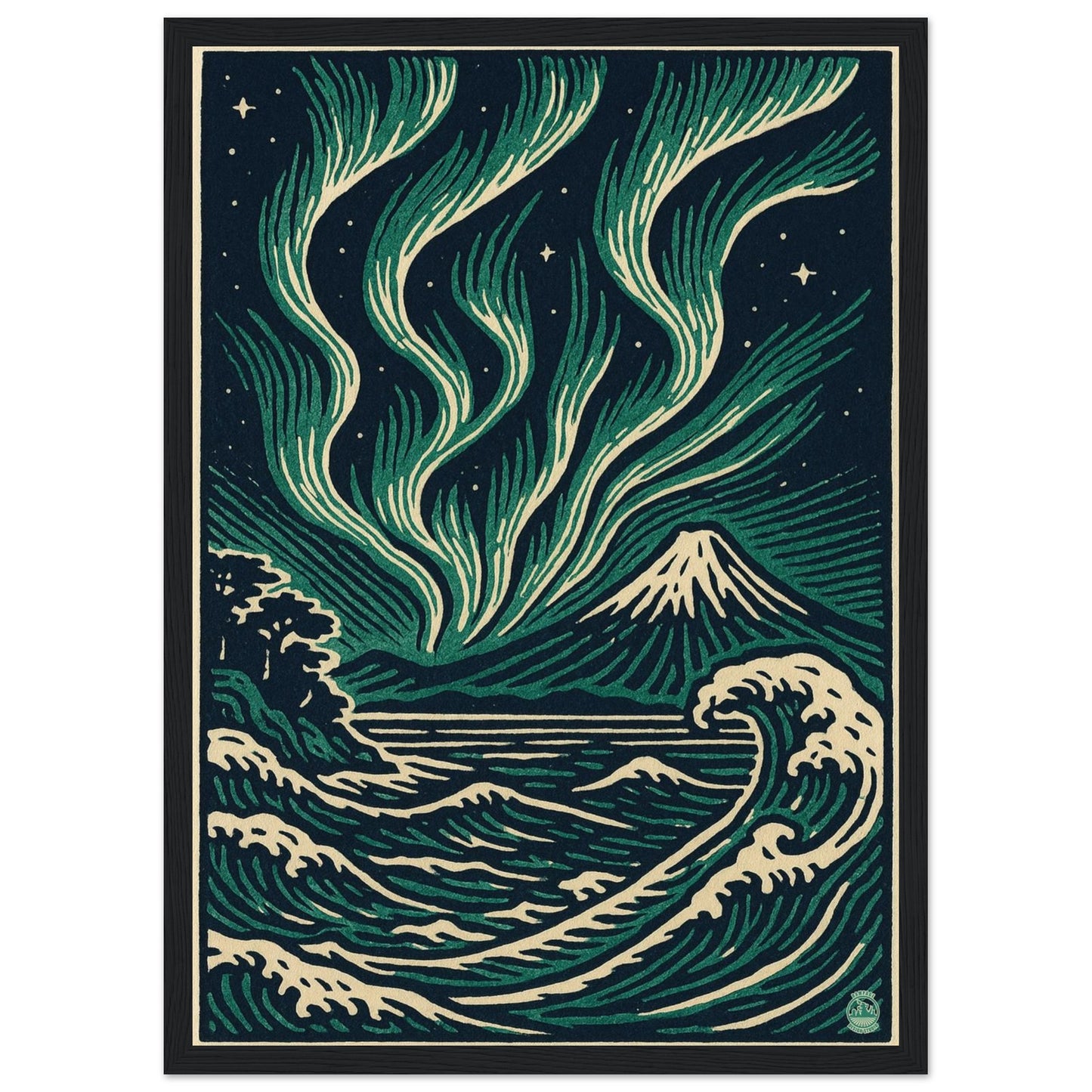 Aurora Night Waves – Japanese Linocut Style Framed Wall Art Print - Rampage Design Studio