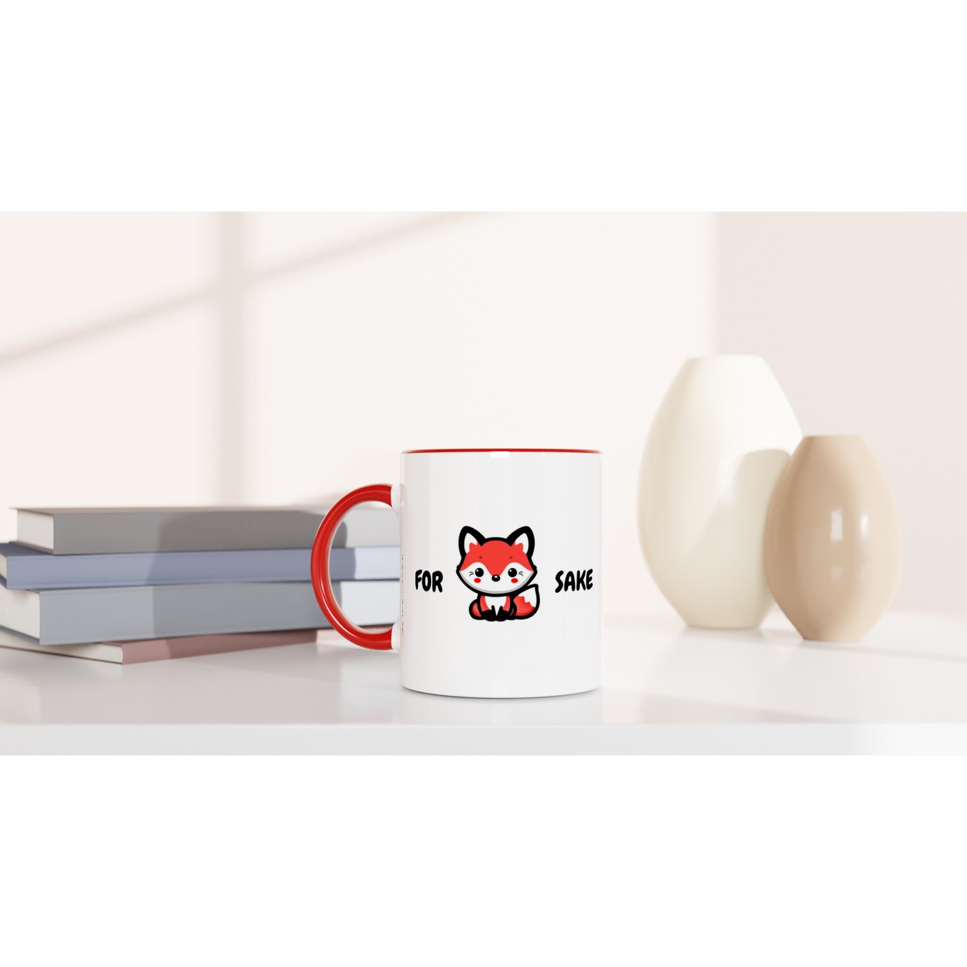 Funny Fox Mug – Red Handle & Interior – 'For Fox Sake' Design – Ceramic Coffee Cup 11oz - Rampage Design Studio