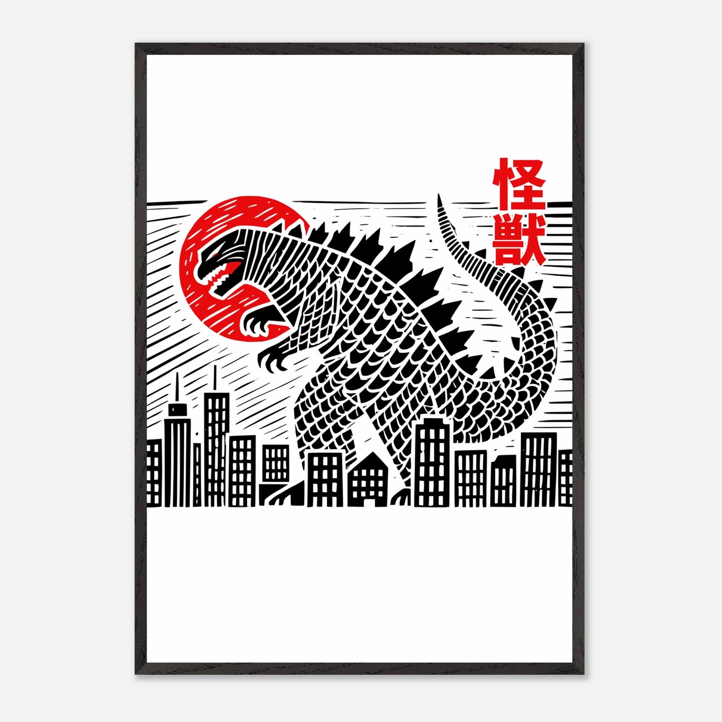 Japanese Block Print Style Mounted Framed Poster – Kaiju Godzilla Cityscape Art - Rampage Design Studio
