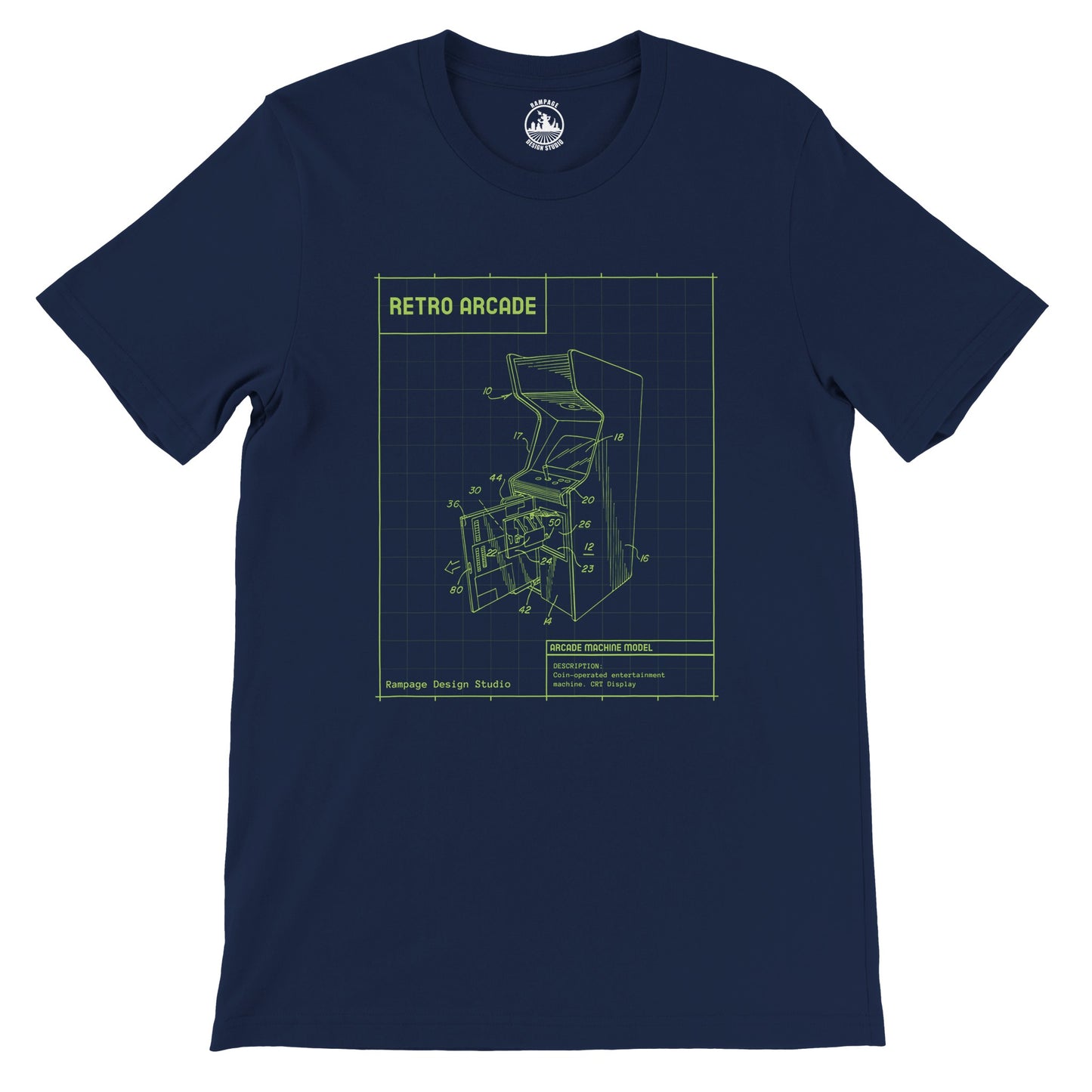 Retro Arcade Machine Blueprint T-Shirt – Soft, Eco-Friendly, Unisex Fit - Rampage Design Studio