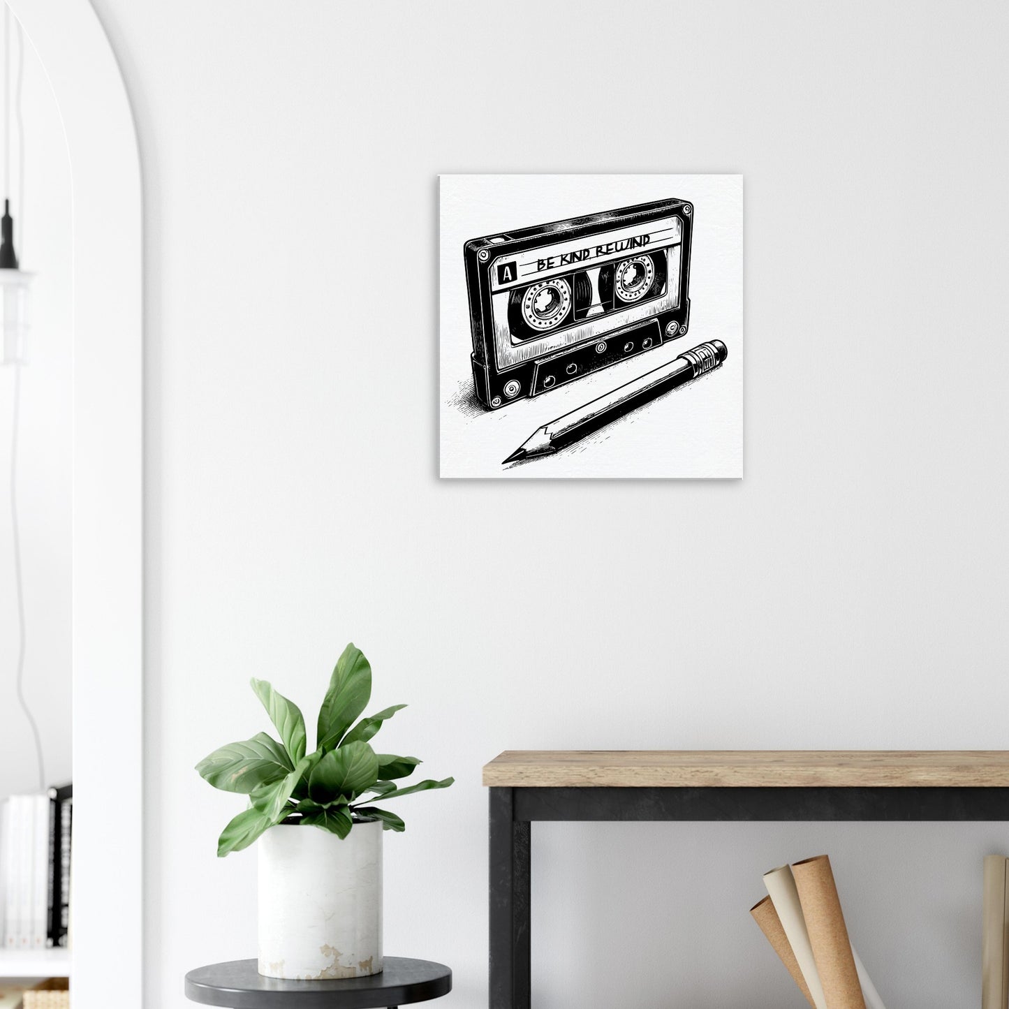 Be Kind Rewind Canvas Print, Retro Cassette Tape & Pencil Illustration, cassette tape sign, music lovers gift, record shop sign - Rampage Design Studio