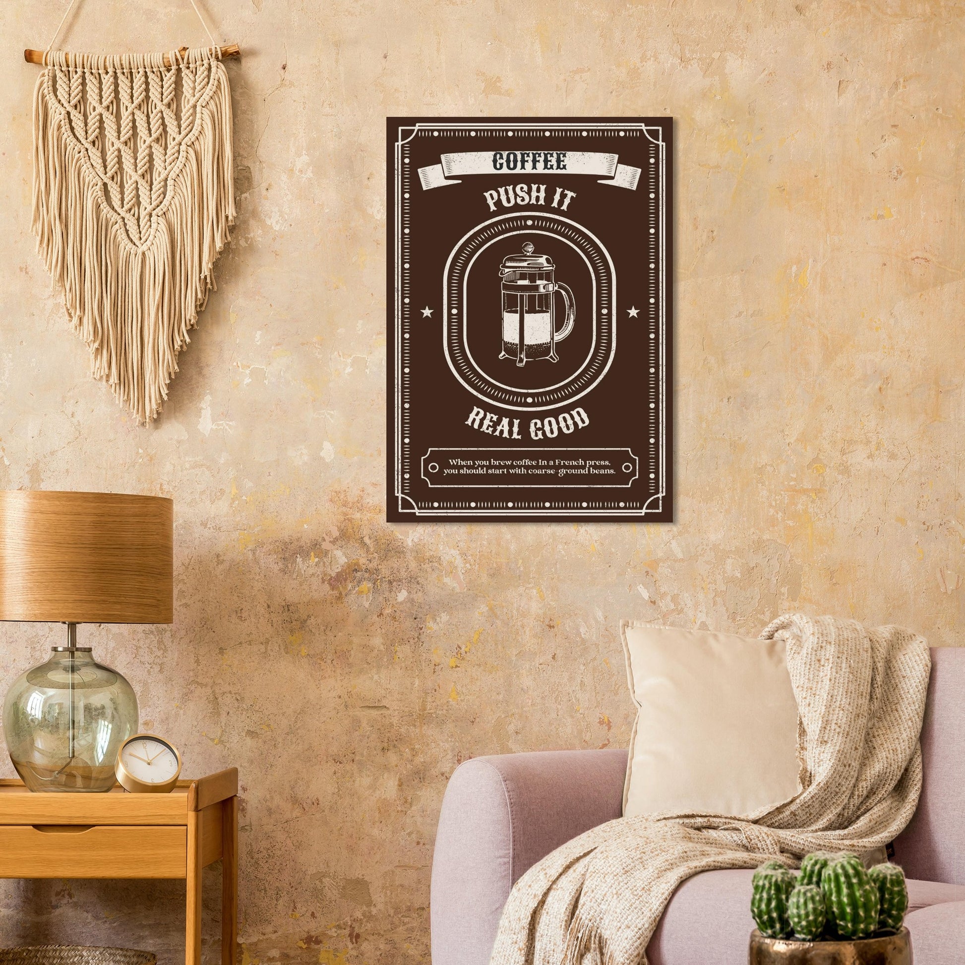 Coffee Wall Art – French Press Kitchen Poster – “Push It Real Good” - Rampage Design Studio
