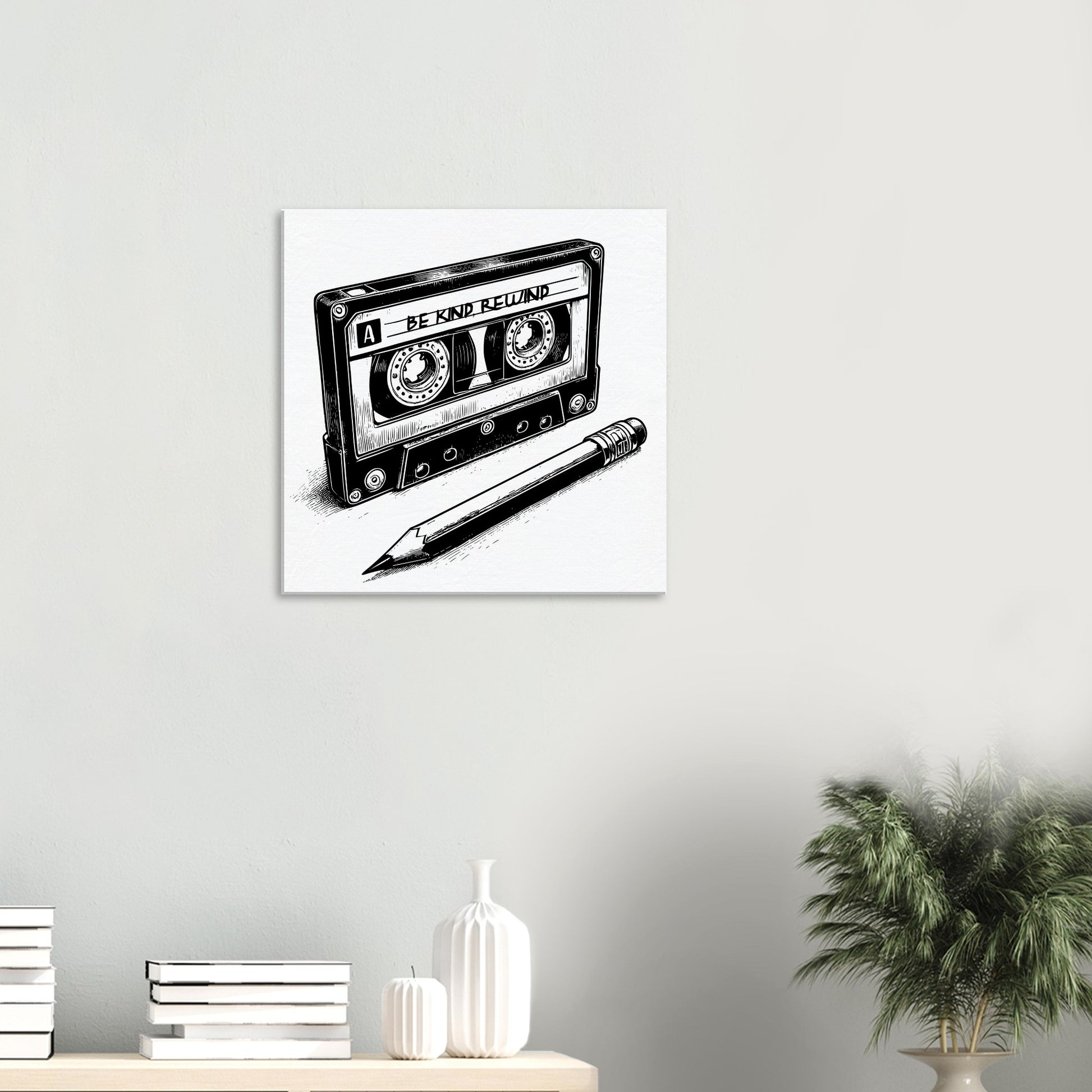 Be Kind Rewind Canvas Print, Retro Cassette Tape & Pencil Illustration, cassette tape sign, music lovers gift, record shop sign - Rampage Design Studio