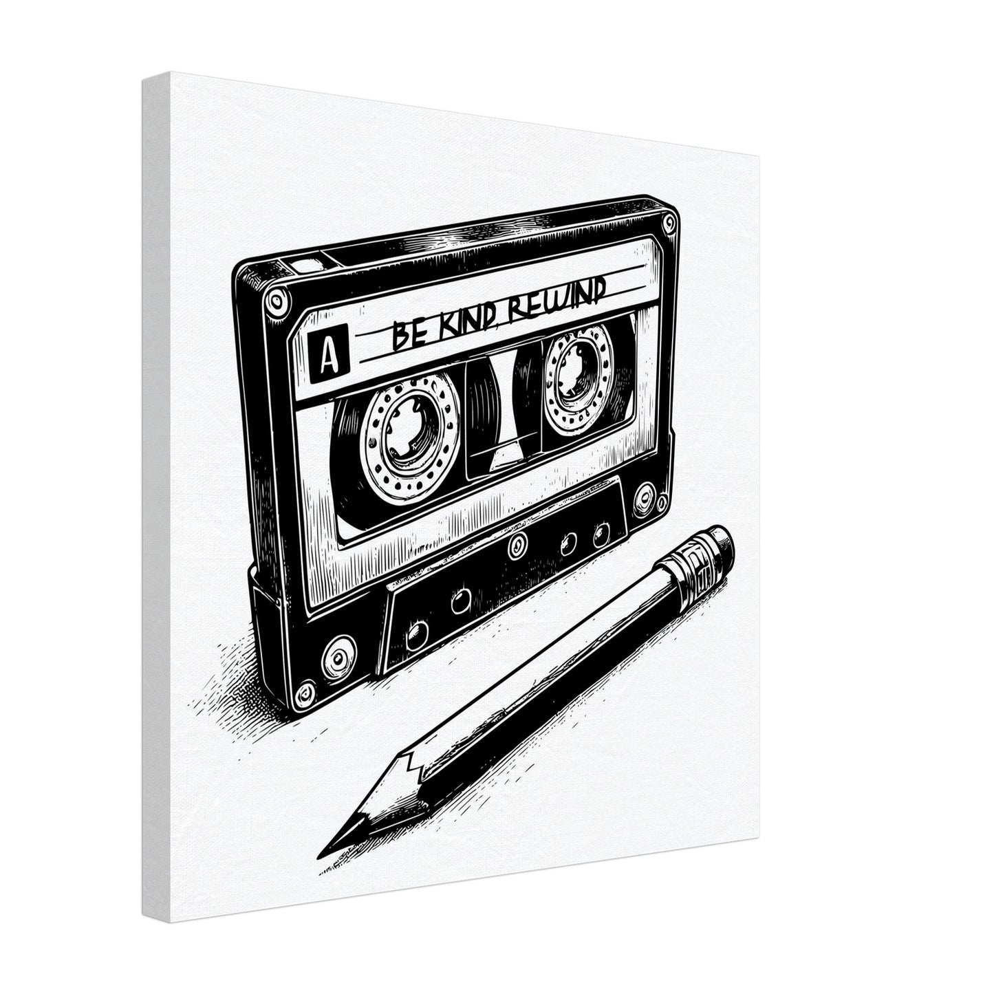 Be Kind Rewind Canvas Print, Retro Cassette Tape & Pencil Illustration, cassette tape sign, music lovers gift, record shop sign - Rampage Design Studio