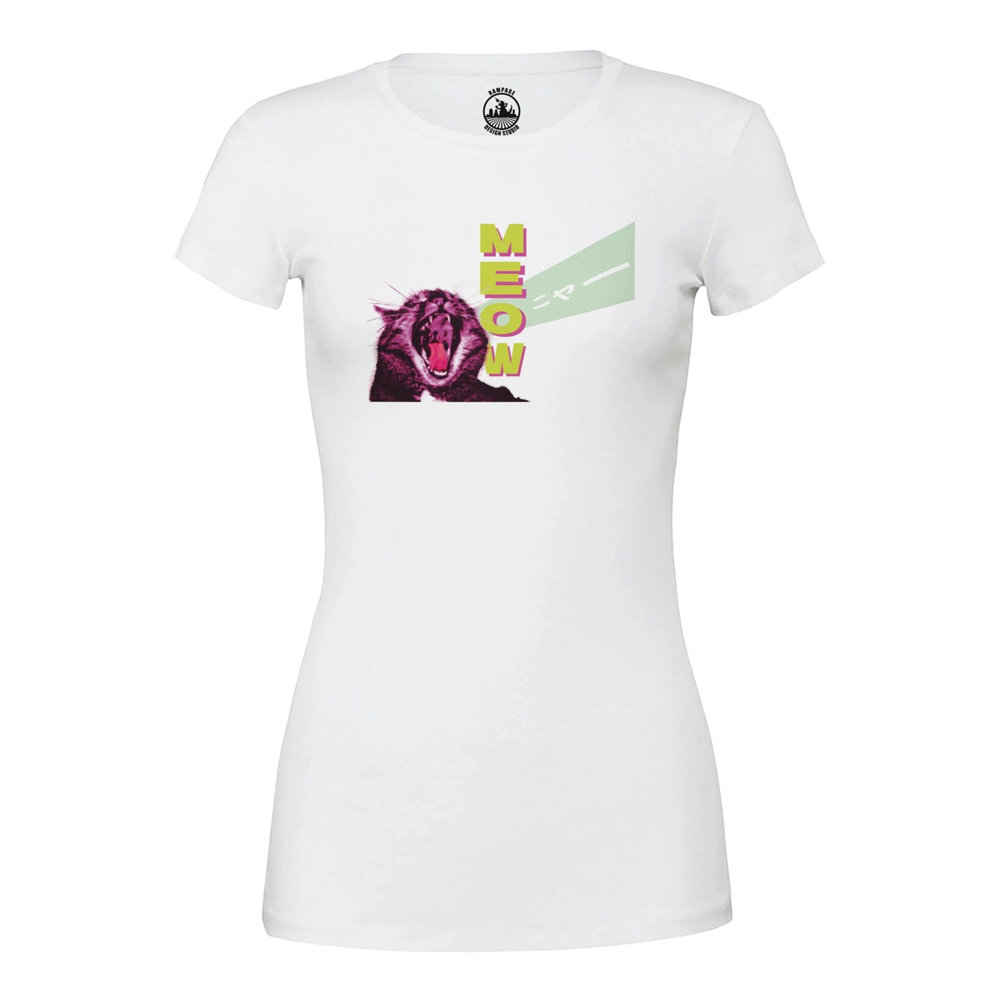 Women's Retro Cat T-Shirt, Gift for cat lovers, Japanese graphics, Bold Pixel Art Design with 'MEOW' Typography, meow cat t-shirt, comic book style tee - Rampage Design Studio