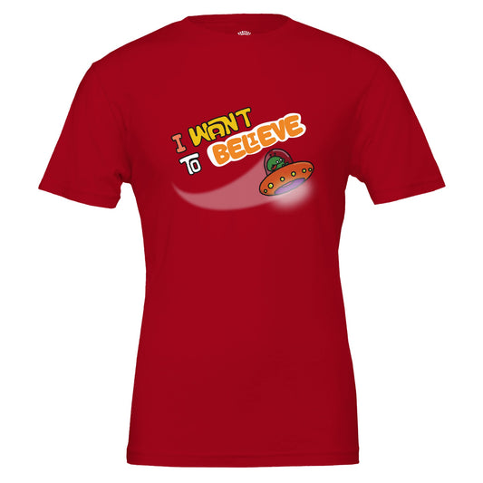 I Want to Believe T-Shirt, Fun Alien Design, UFO Tee, UAP T-Shirt, E.T. Design Shirt, X-Files Inspired Design, Bold Colours, Unisex Cotton Tee - Rampage Design Studio