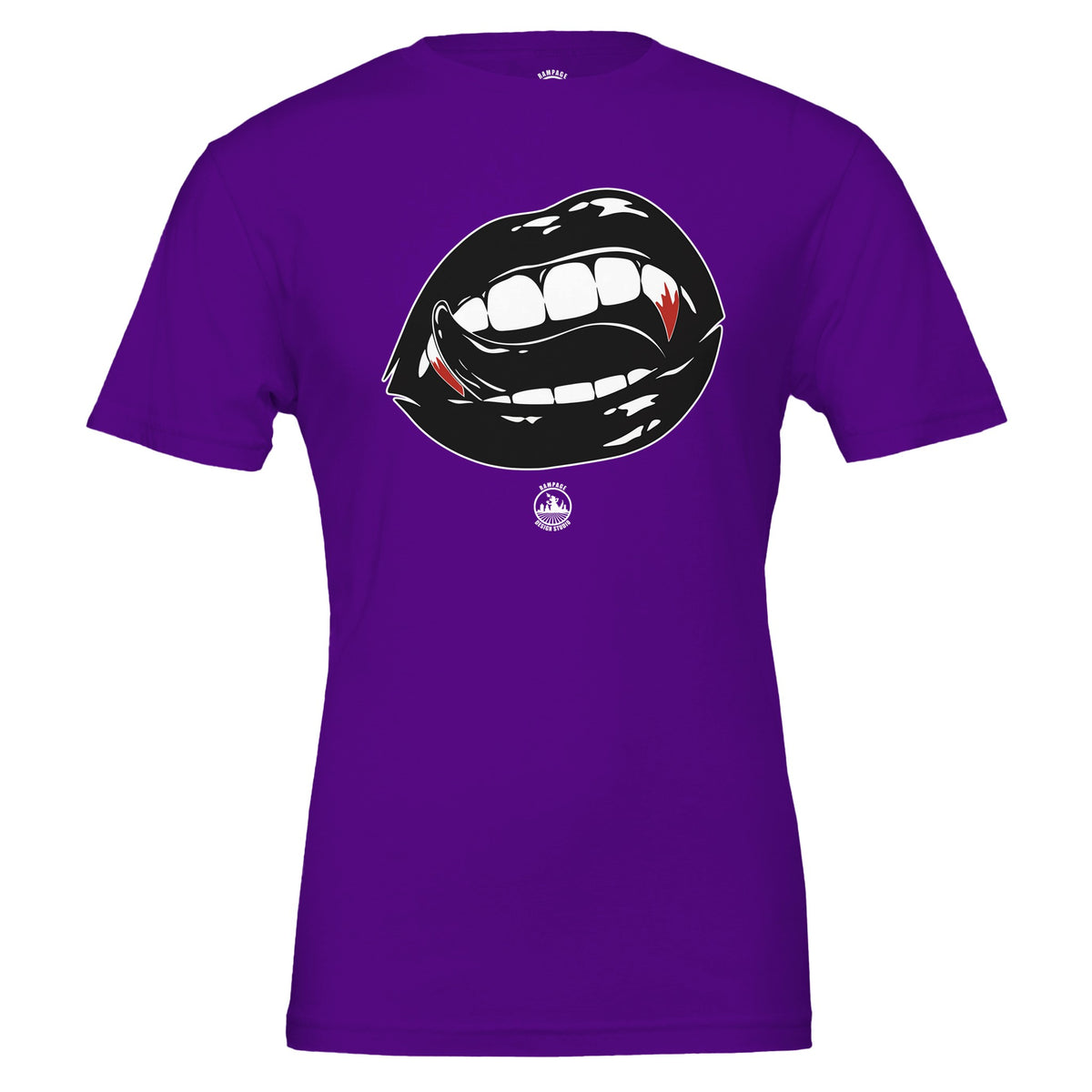 A purple t-shirt with a female vampire mouth design on the front