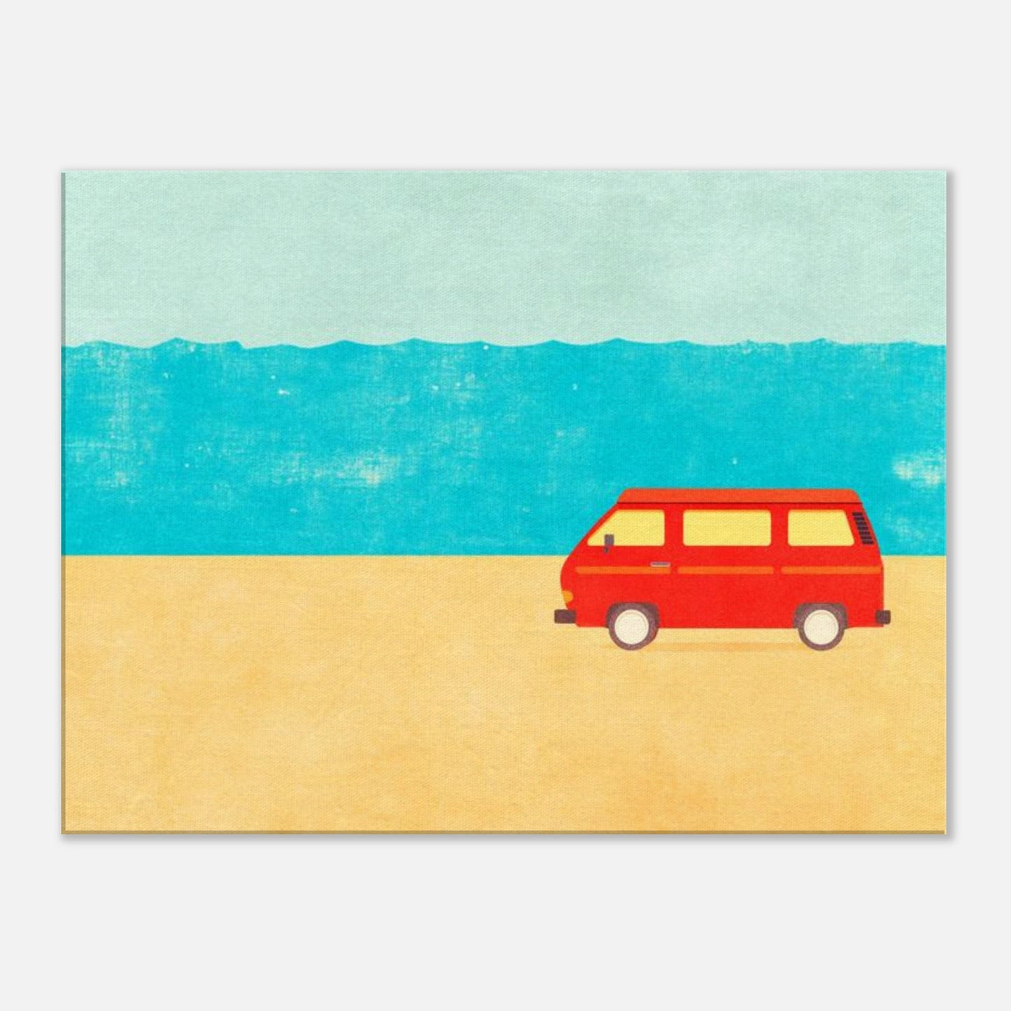 Minimalist VW Camper Van Beach Canvas – Retro Coastal Wall Art, Van Life Decor, Red Camper Print for Travel Lovers - Rampage Design Studio