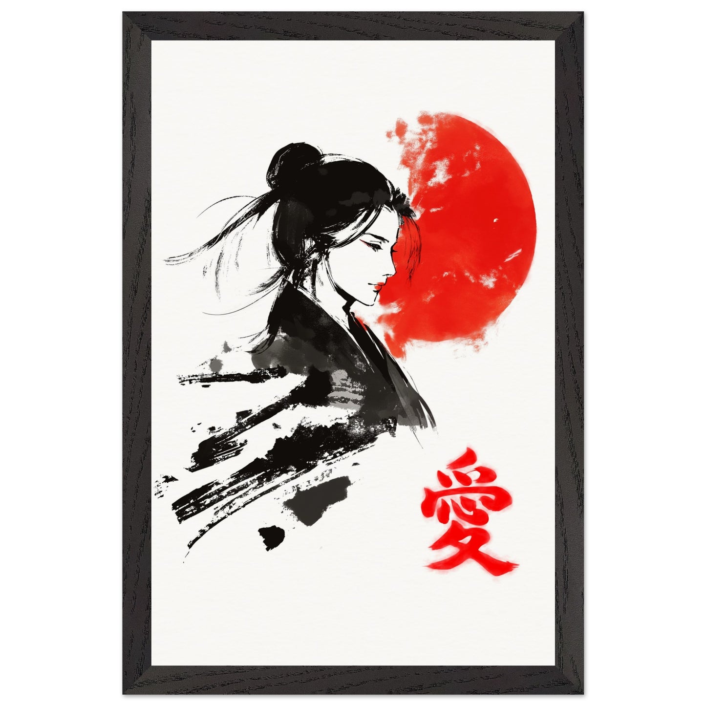 Japanese Woman Art Print Rising Sun Love Kanji Elegant Sumi-e Wall Decor Japanese Art Poster Love Poster - Rampage Design Studio