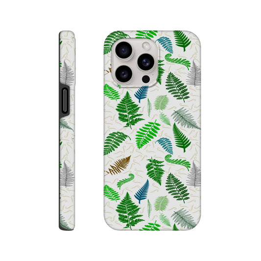 A phone case shown from the back and side, featuring a white background with a pattern of green, blue, and gold fern leaves.