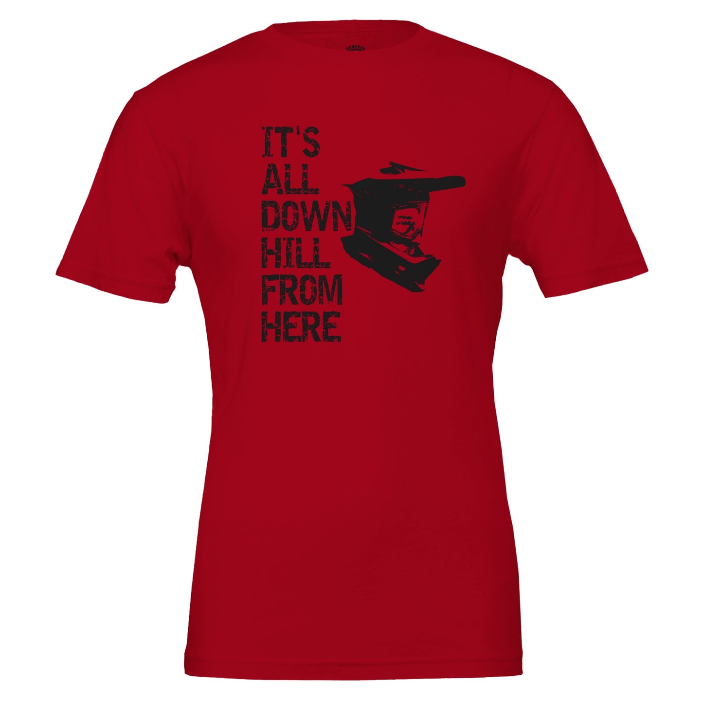 Mountain Biking T-Shirt  - 'It's All Downhill From Here' Helmet Design, Soft & Eco-Friendly - Rampage Design Studio
