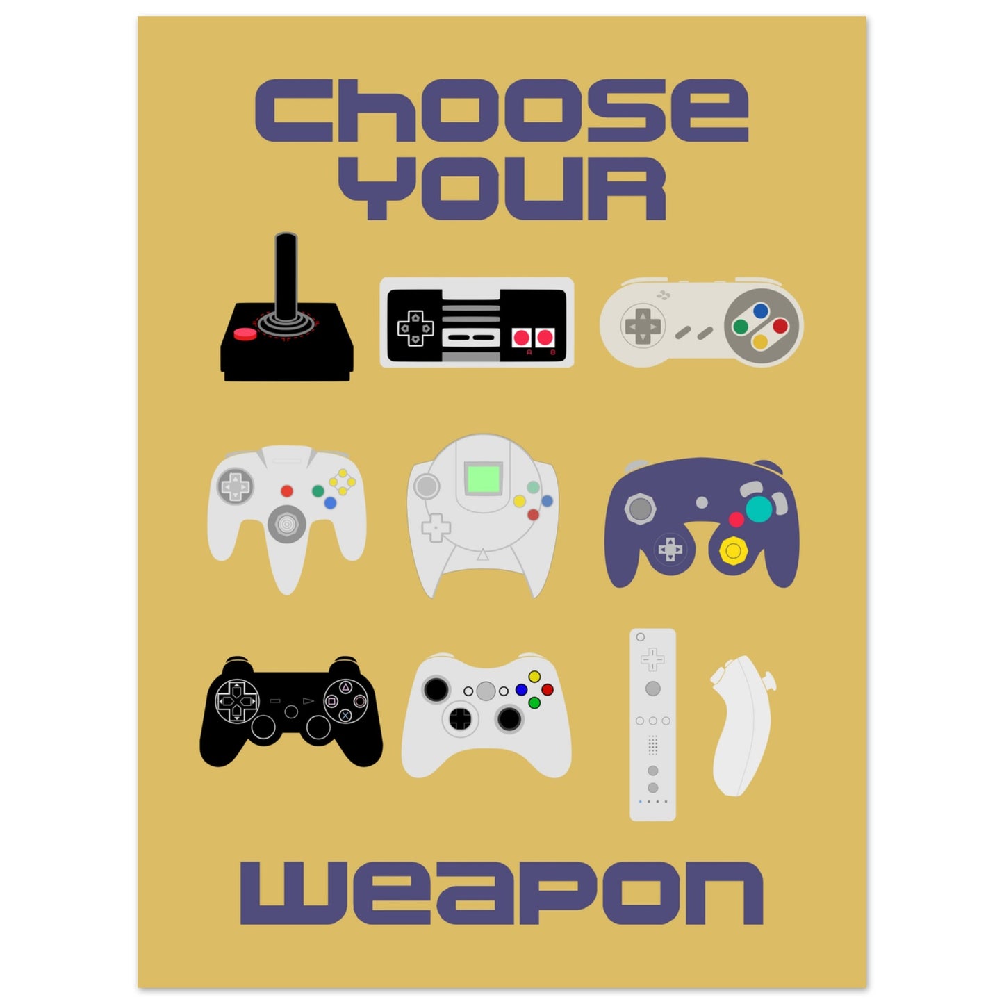 Choose Your Weapon Retro Poster, Vintage Gaming Controllers Art Print, Gift for Gamers, Boys room poster, gaming room poster - Rampage Design Studio