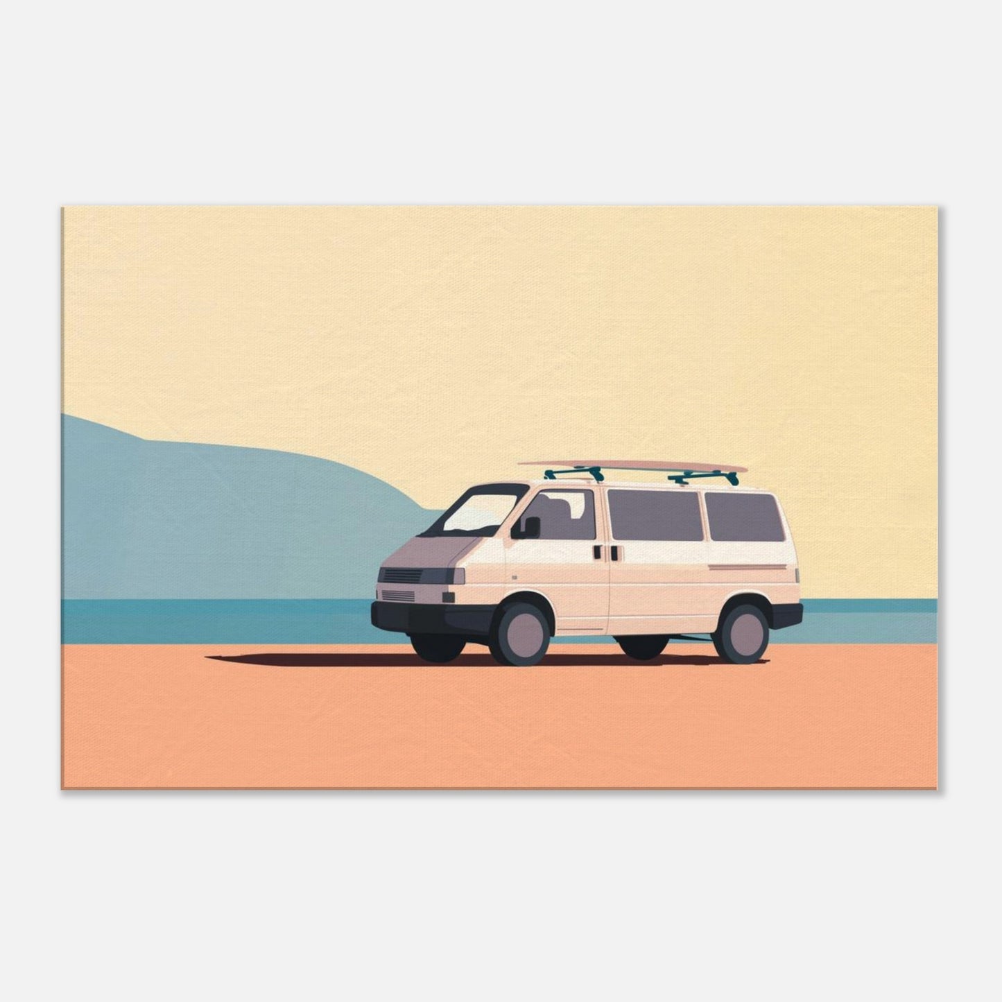 “Waiting for the Waves” – Minimalist VW Camper Van Canvas Print, Surf-Inspired Coastal Wall Art, Digital Artwork by Rampage Design Studio - Rampage Design Studio