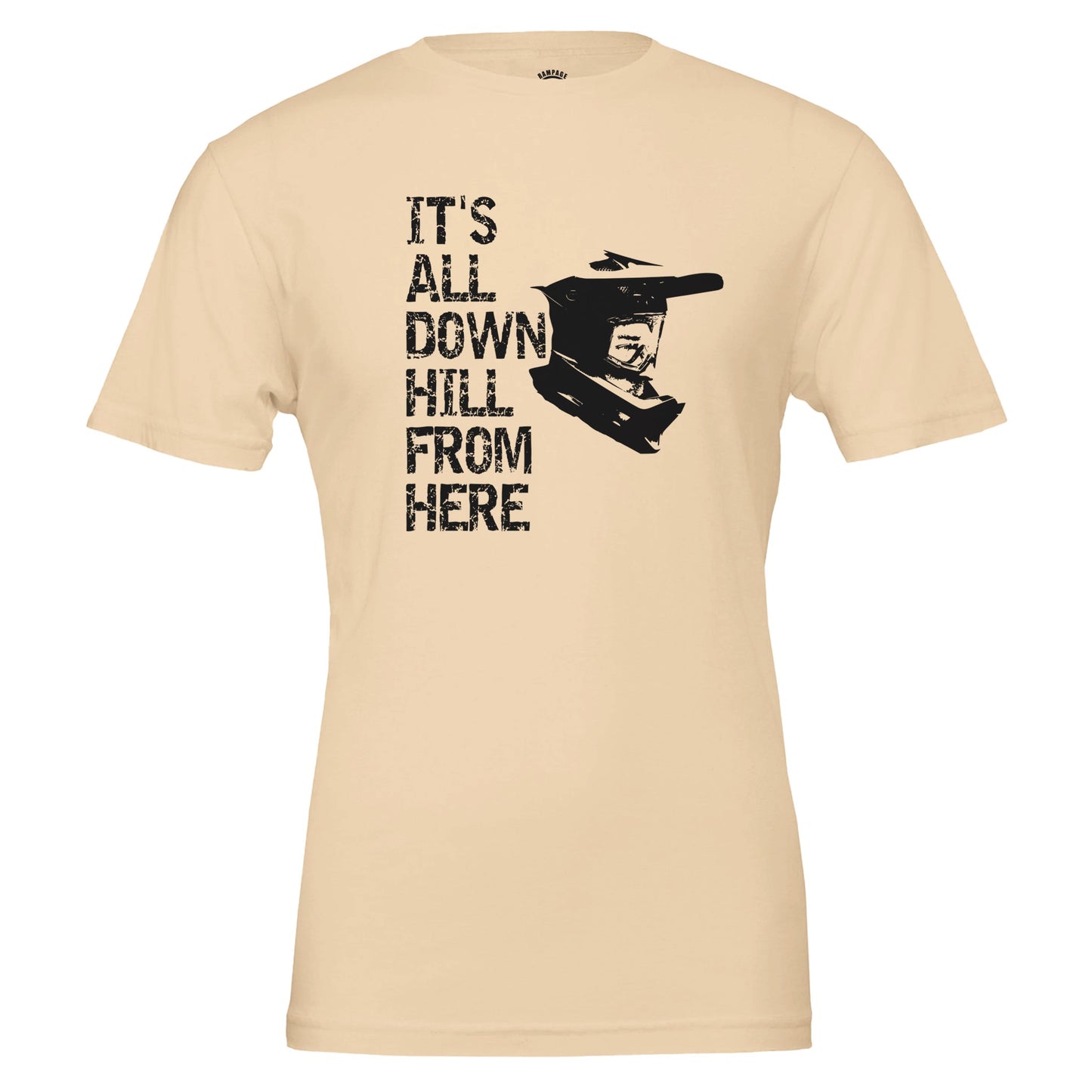 Mountain Biking T-Shirt  - 'It's All Downhill From Here' Helmet Design, Soft & Eco-Friendly - Rampage Design Studio