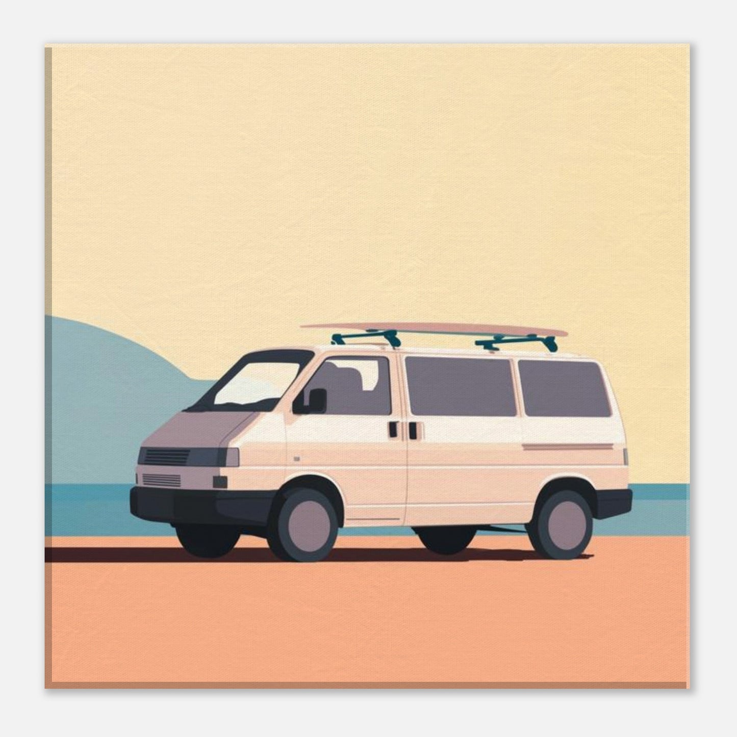 “Waiting for the Waves” – Minimalist VW Camper Van Canvas Print, Surf-Inspired Coastal Wall Art, Digital Artwork by Rampage Design Studio - Rampage Design Studio