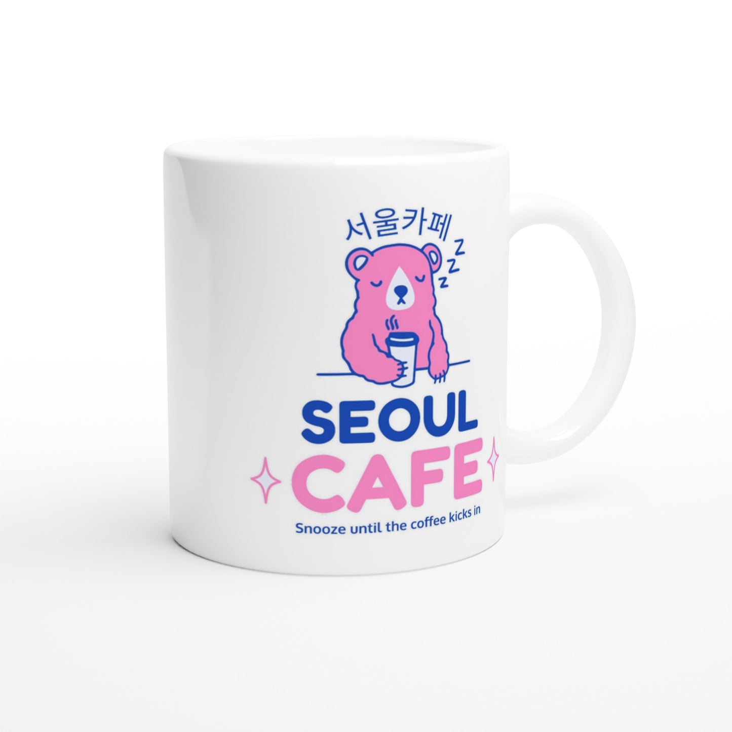 Sleepy Bear Mug - Seoul Cafe Design, Korean Cafe Theme, Cute Coffee Mug, 11oz Ceramic Coffee Cup - Dishwasher & Microwave Safe - Rampage Design Studio
