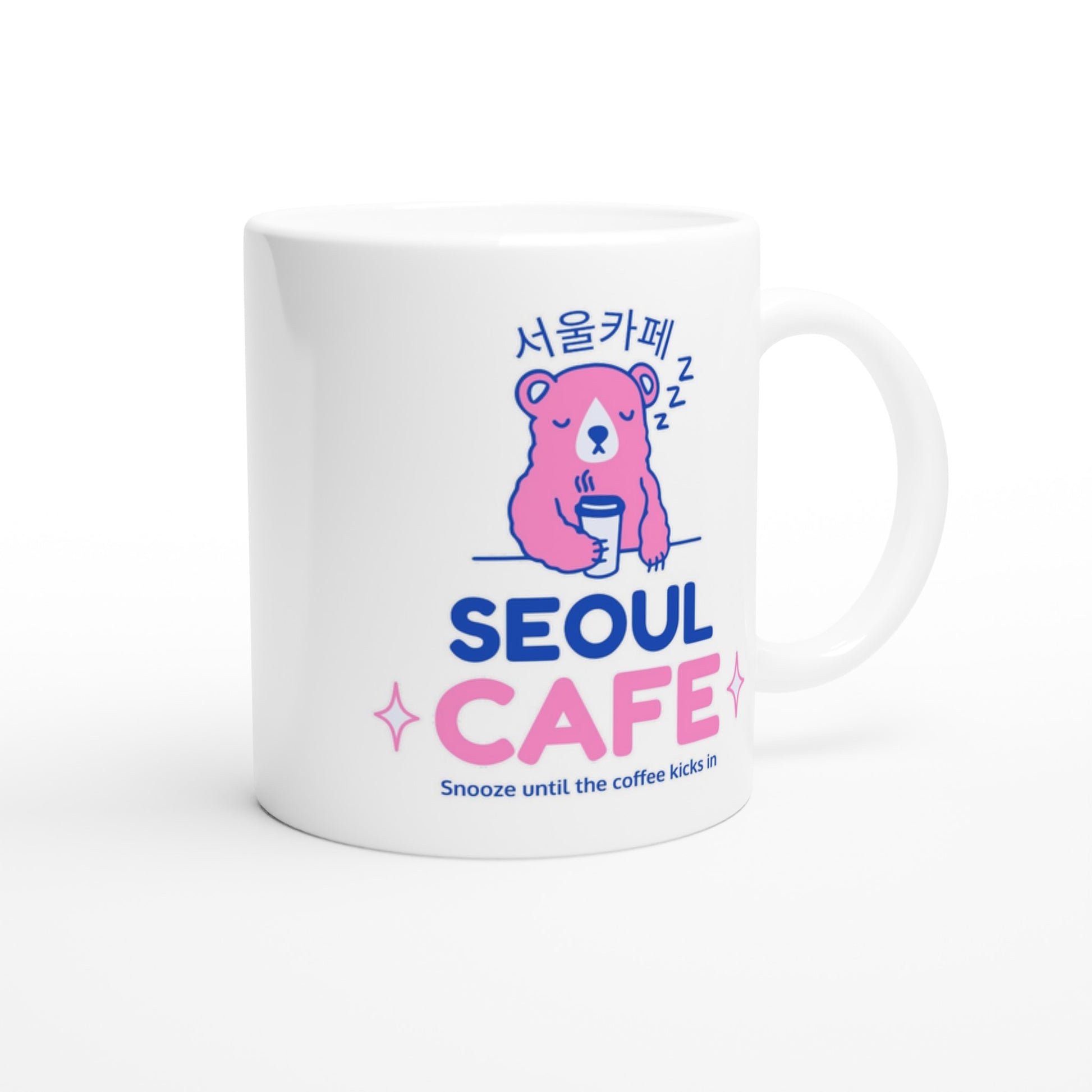 Sleepy Bear Mug - Seoul Cafe Design, Korean Cafe Theme, Cute Coffee Mug, 11oz Ceramic Coffee Cup - Dishwasher & Microwave Safe - Rampage Design Studio