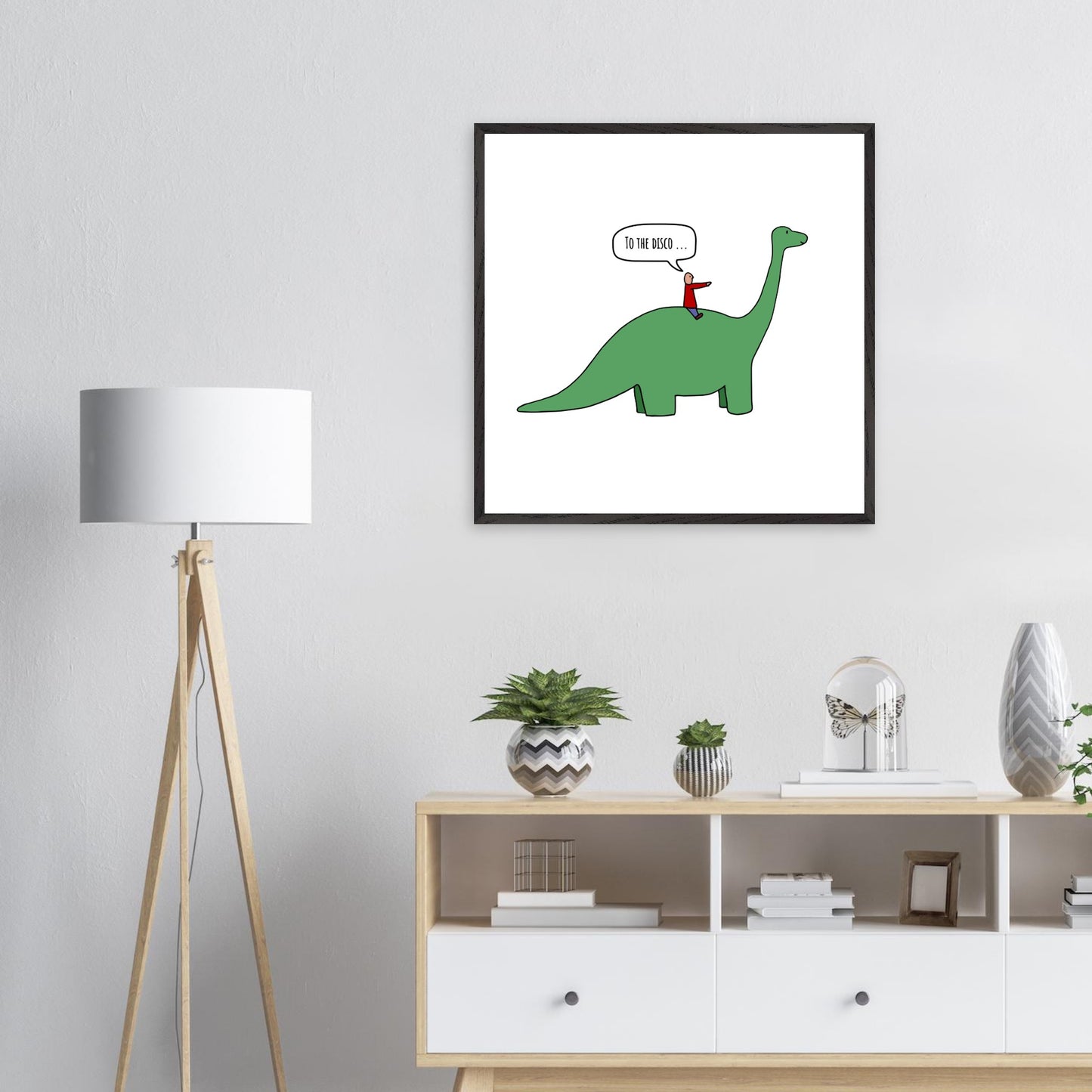 Funny Dinosaur Framed Poster, To The Disco, Dance Themed Art, Music Art, Dinosaur Art, Cartoon Decor, Ready-to-Hang, Sustainable Wood Frame, Perfect for Kids' Rooms - Rampage Design Studio