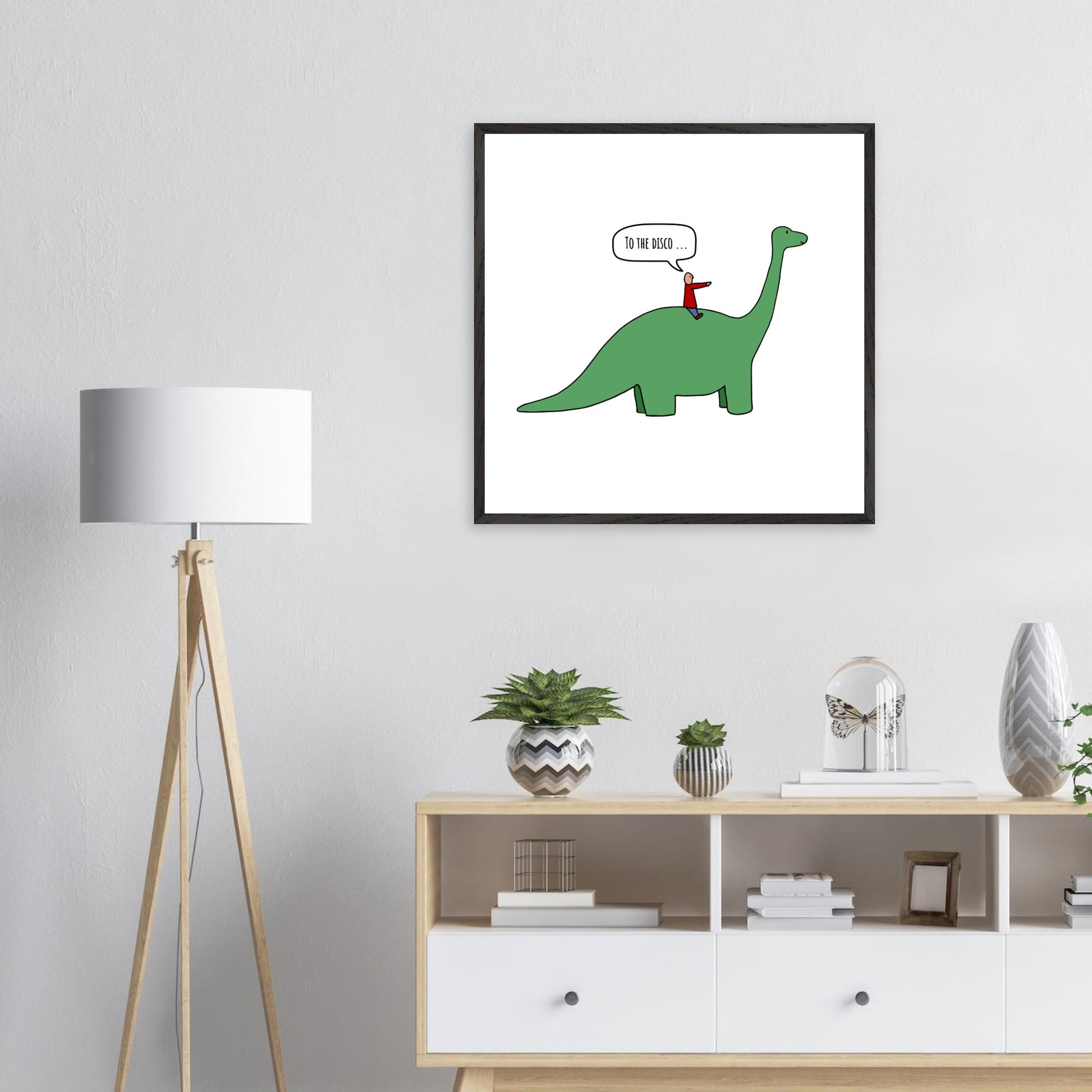Funny Dinosaur Framed Poster, To The Disco, Dance Themed Art, Music Art, Dinosaur Art, Cartoon Decor, Ready-to-Hang, Sustainable Wood Frame, Perfect for Kids' Rooms - Rampage Design Studio