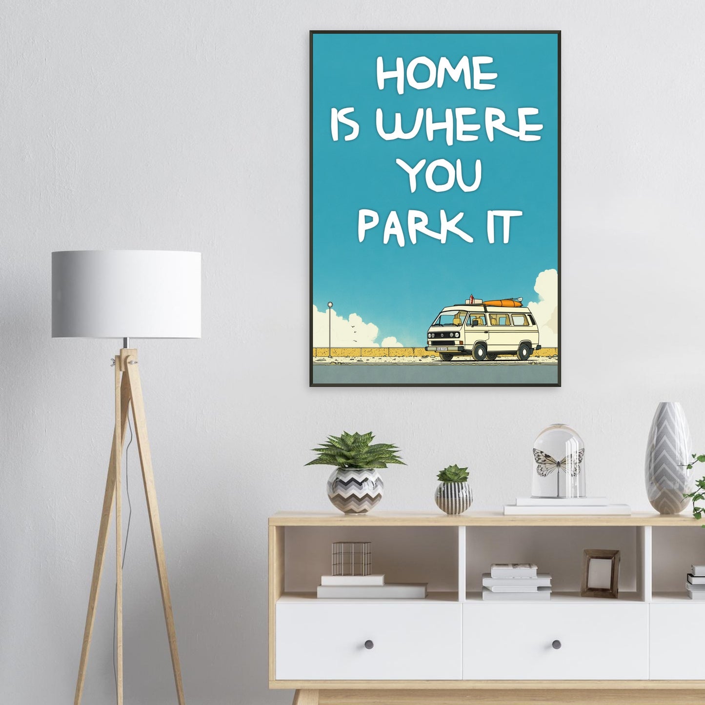 “Home Is Where You Park It” Camper Van Classic Matte Paper Metal Framed Poster – Retro VW Print, Van Life Wall Art, Coastal Adventure Decor, Gift for Van Lifers, Camping Gift - Rampage Design Studio