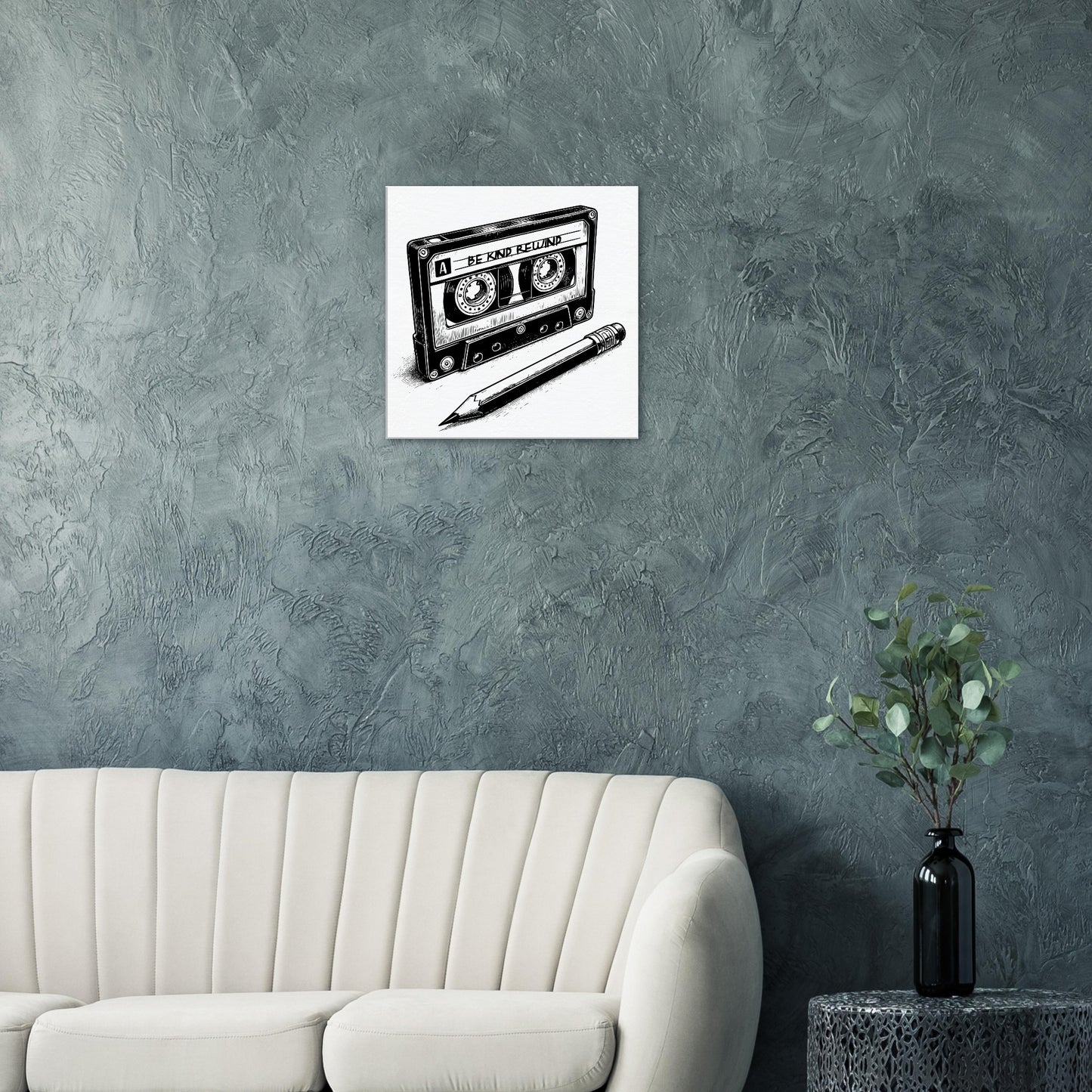 Be Kind Rewind Canvas Print, Retro Cassette Tape & Pencil Illustration, cassette tape sign, music lovers gift, record shop sign - Rampage Design Studio