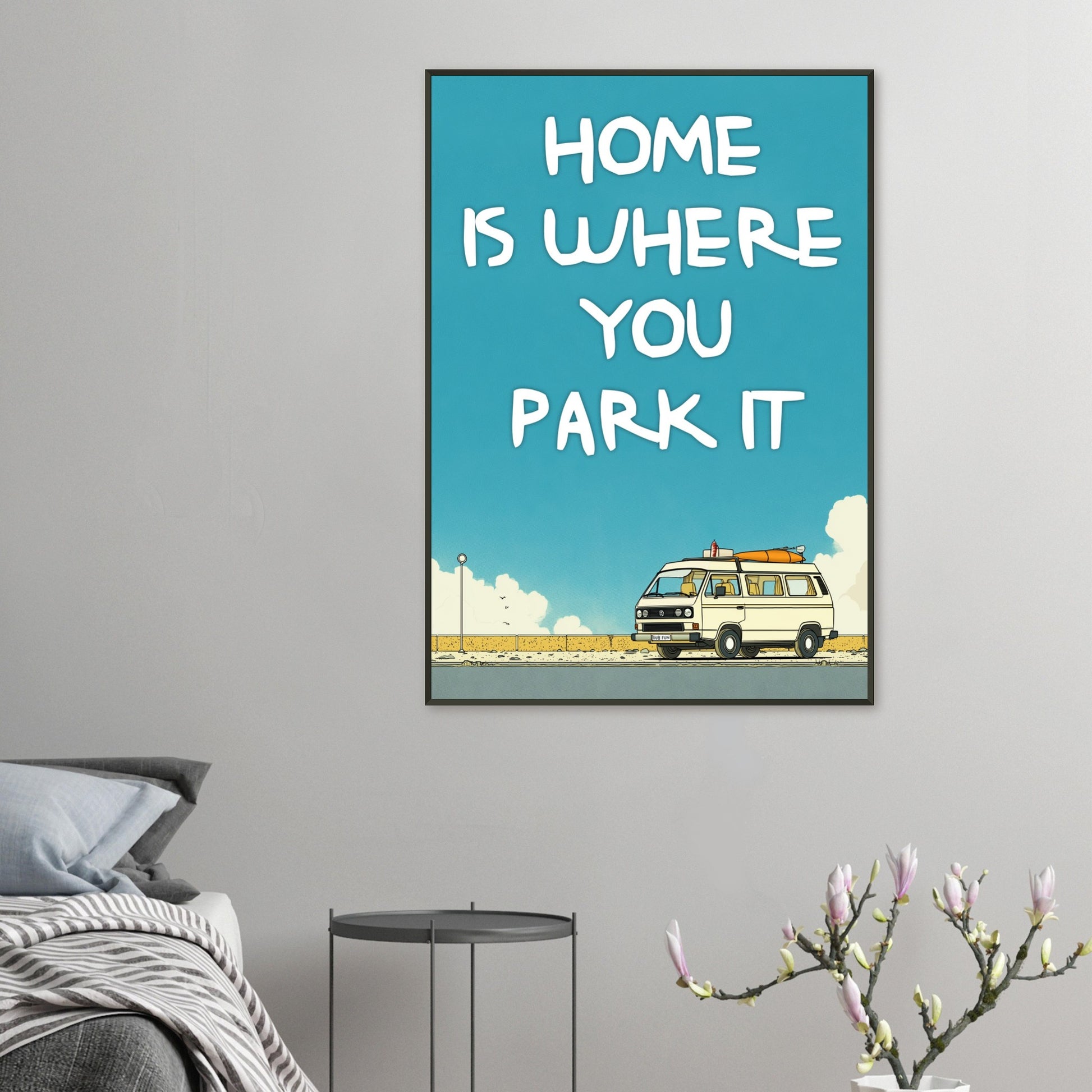“Home Is Where You Park It” Camper Van Classic Matte Paper Metal Framed Poster – Retro VW Print, Van Life Wall Art, Coastal Adventure Decor, Gift for Van Lifers, Camping Gift - Rampage Design Studio
