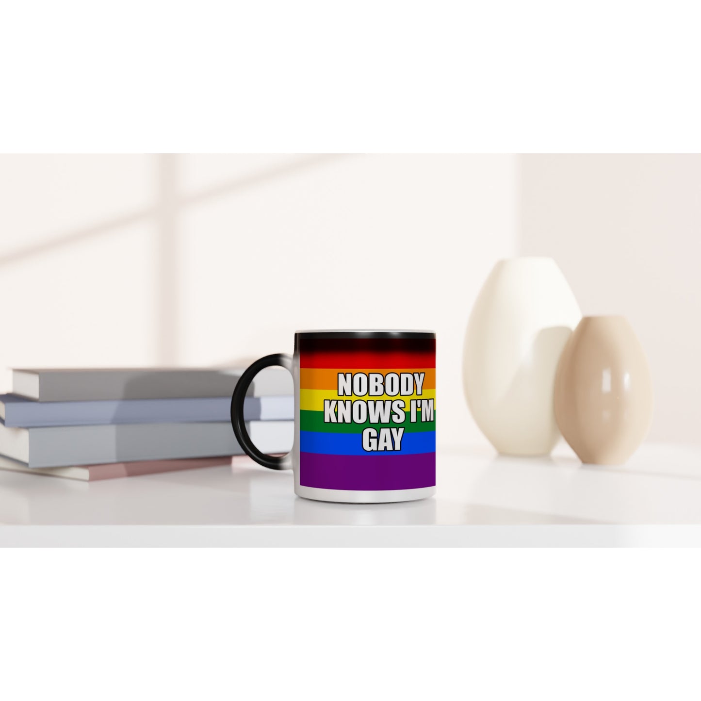 Funny Heat Reveal Mug, 'NOBODY KNOWS I'M GAY' Design, Rainbow Colour Mug, Black Glossy Finish, LGBTQ+ Design Mug, Colour Changing Mug - Rampage Design Studio