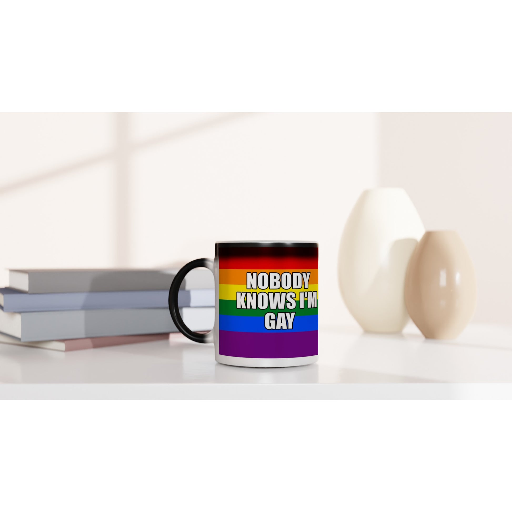 Funny Heat Reveal Mug, 'NOBODY KNOWS I'M GAY' Design, Rainbow Colour Mug, Black Glossy Finish, LGBTQ+ Design Mug, Colour Changing Mug - Rampage Design Studio
