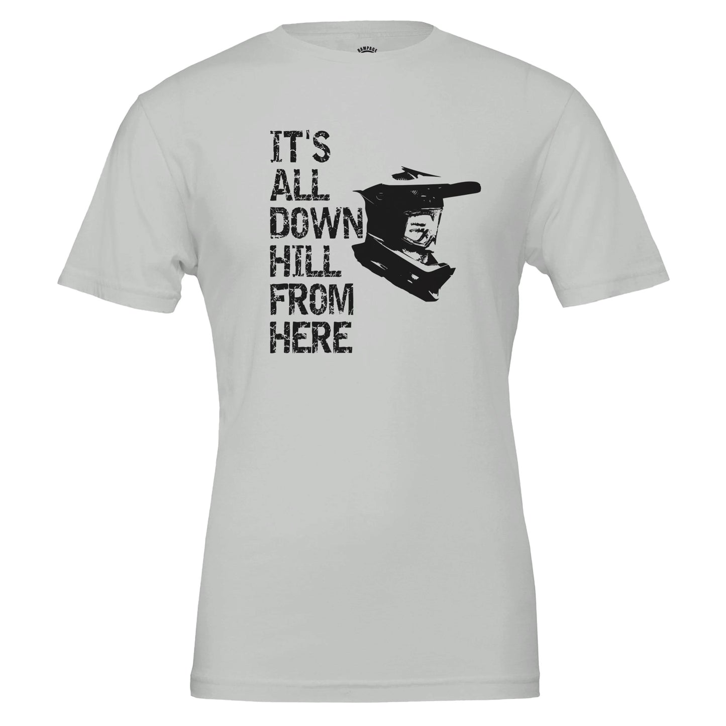 Mountain Biking T-Shirt  - 'It's All Downhill From Here' Helmet Design, Soft & Eco-Friendly - Rampage Design Studio