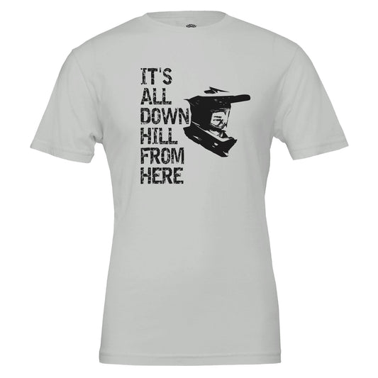 Mountain Biking T-Shirt  - 'It's All Downhill From Here' Helmet Design, Soft & Eco-Friendly - Rampage Design Studio