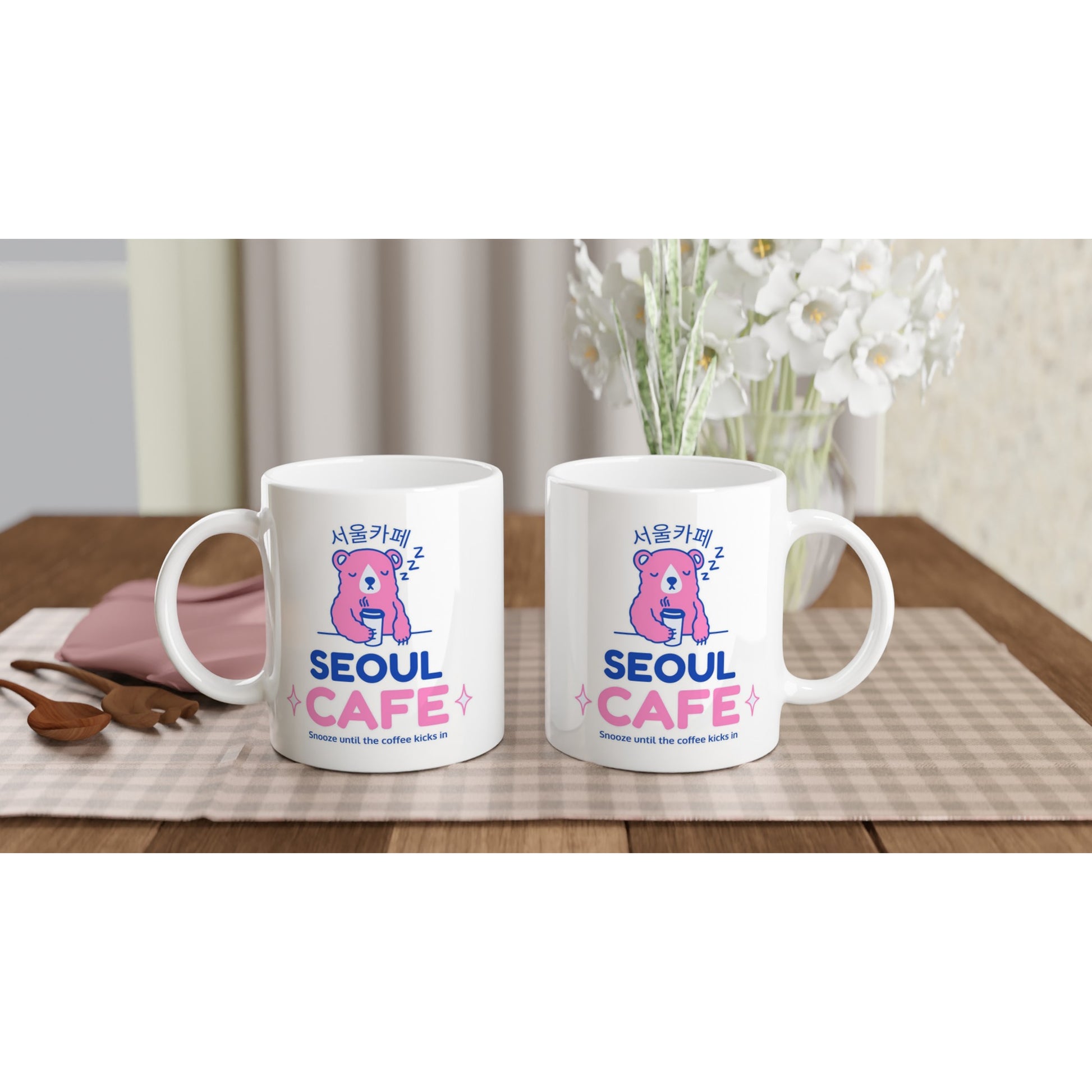 Sleepy Bear Mug - Seoul Cafe Design, Korean Cafe Theme, Cute Coffee Mug, 11oz Ceramic Coffee Cup - Dishwasher & Microwave Safe - Rampage Design Studio