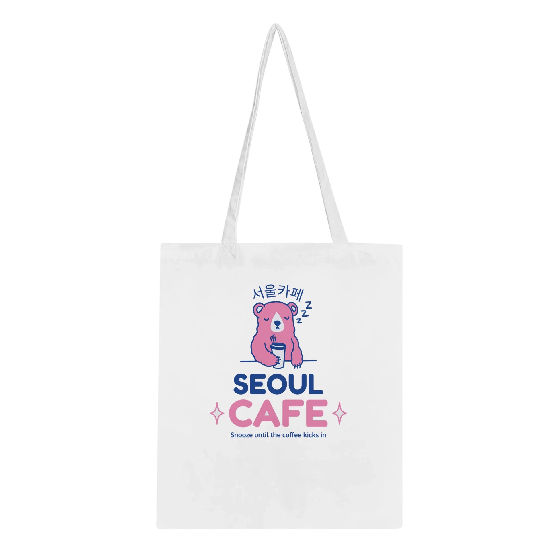 Snoozing Bear Tote Bag – Eco-Friendly Cotton with ‘Seoul Cafe’ Design - Rampage Design Studio