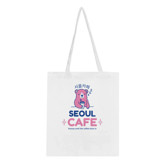 Snoozing Bear Tote Bag – Eco-Friendly Cotton with ‘Seoul Cafe’ Design - Rampage Design Studio