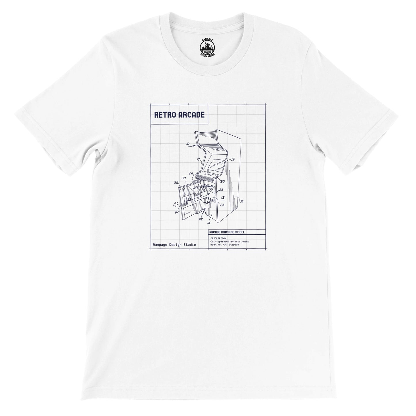 Retro Arcade Machine Blueprint T-Shirt – Soft, Eco-Friendly, Unisex Fit - Rampage Design Studio