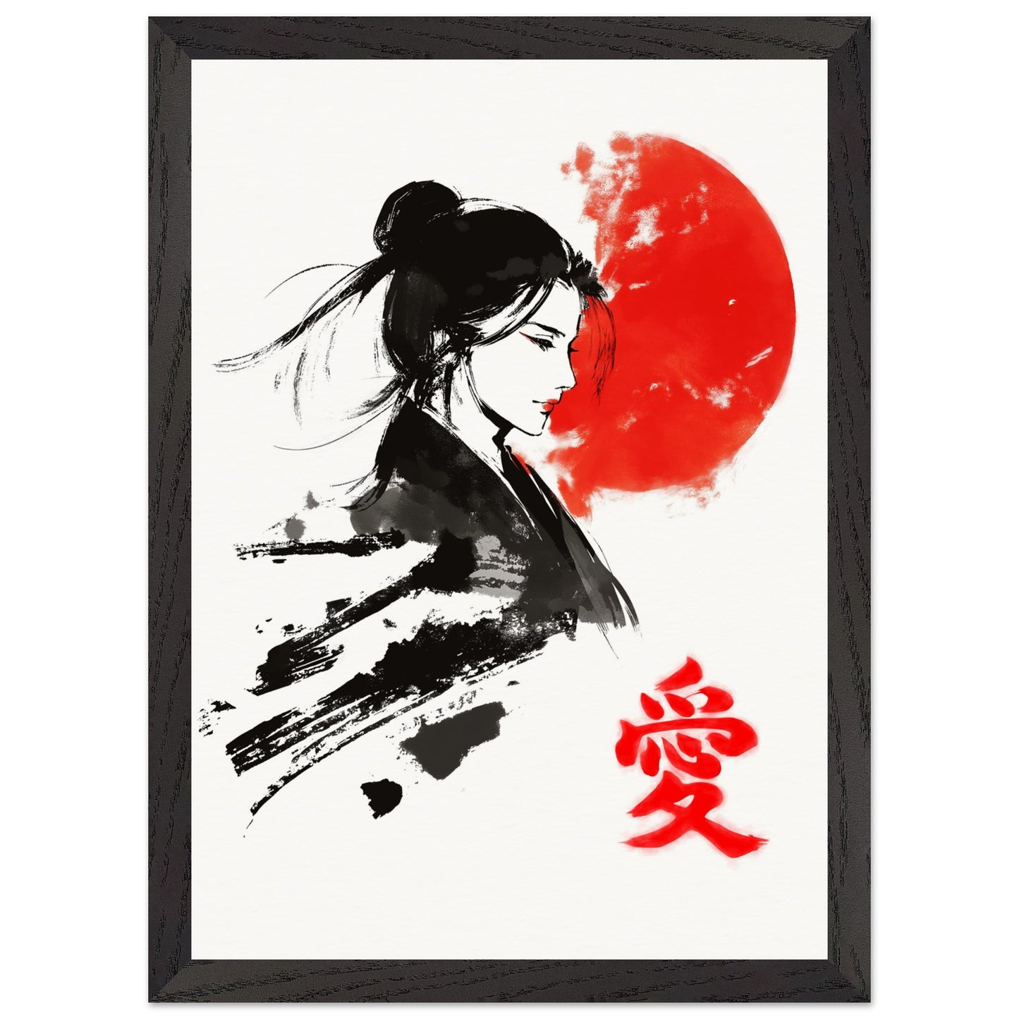 Japanese Woman Art Print Rising Sun Love Kanji Elegant Sumi-e Wall Decor Japanese Art Poster Love Poster - Rampage Design Studio
