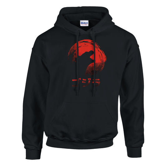 Godzilla Hoodie, Kaiju Hoodie, Dramatic Red Sun Design, Soft Cotton-Polyester Blend, Eye-Catching Japanese Text, Manga, Anime, Japanese Monster - Rampage Design Studio
