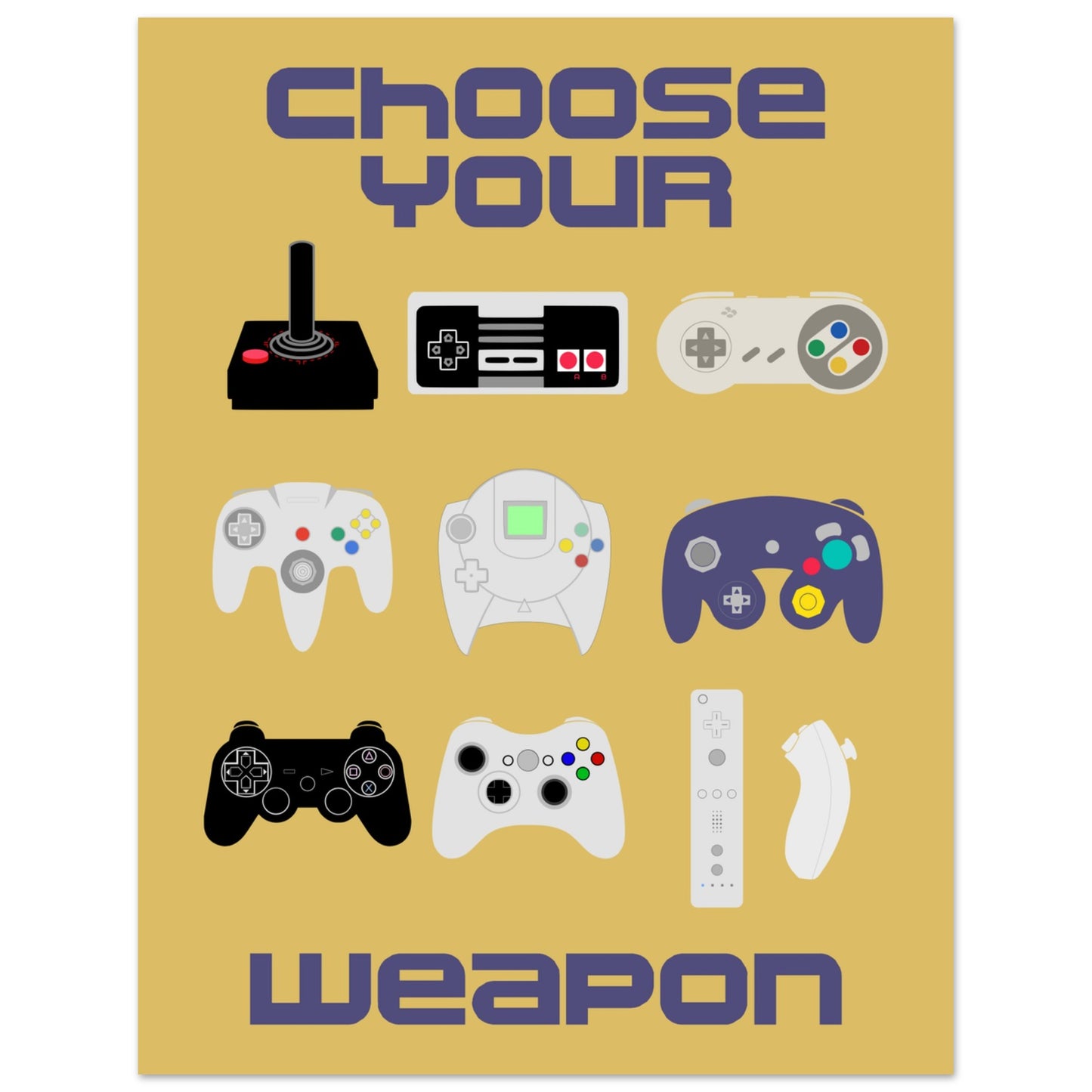 Choose Your Weapon Retro Poster, Vintage Gaming Controllers Art Print, Gift for Gamers, Boys room poster, gaming room poster - Rampage Design Studio