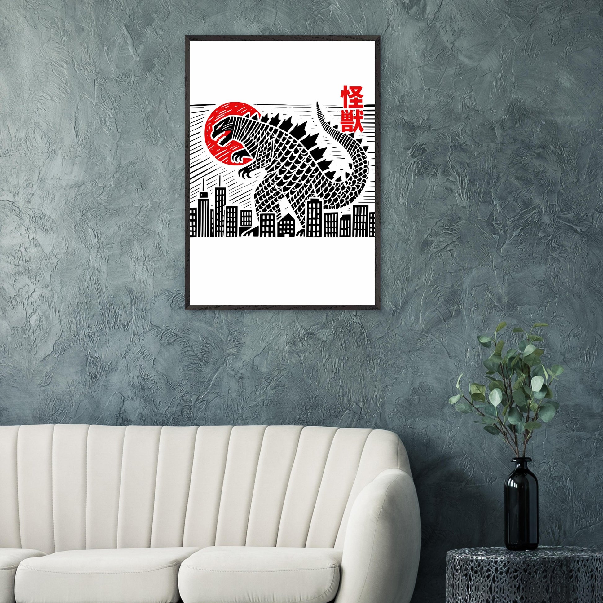 Japanese Block Print Style Mounted Framed Poster – Kaiju Godzilla Cityscape Art - Rampage Design Studio