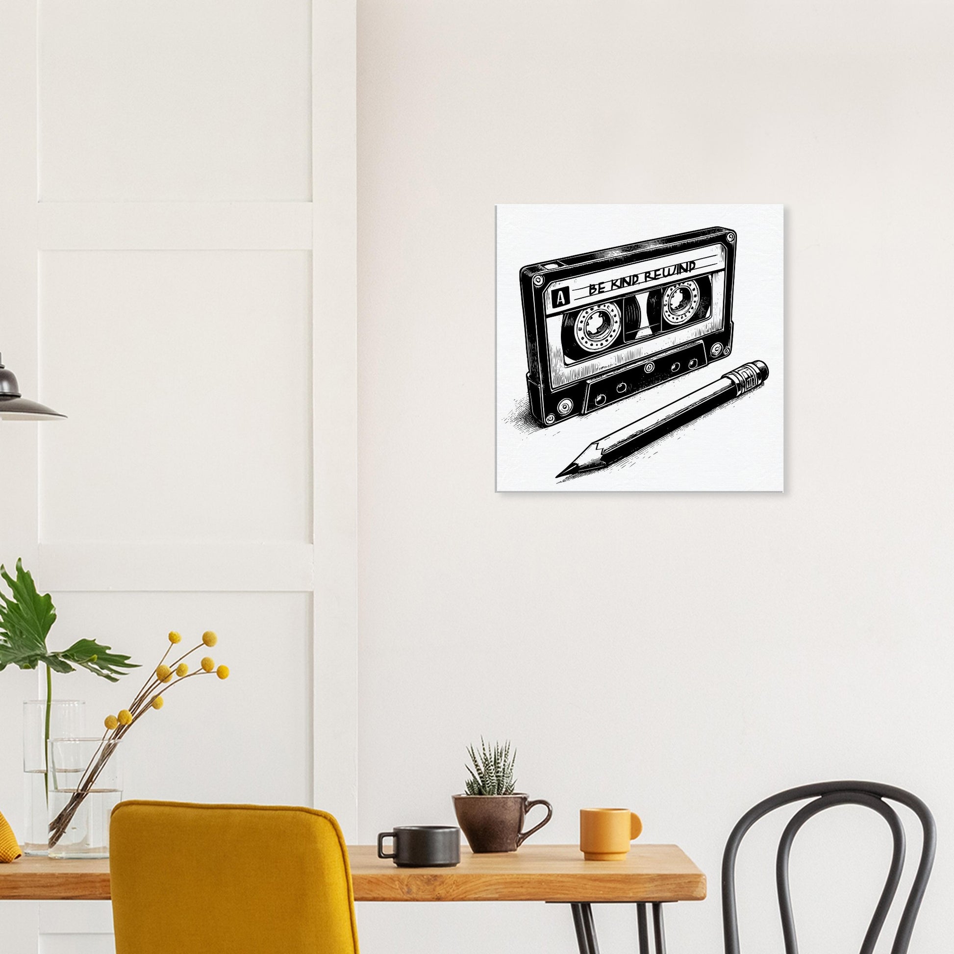 Be Kind Rewind Canvas Print, Retro Cassette Tape & Pencil Illustration, cassette tape sign, music lovers gift, record shop sign - Rampage Design Studio