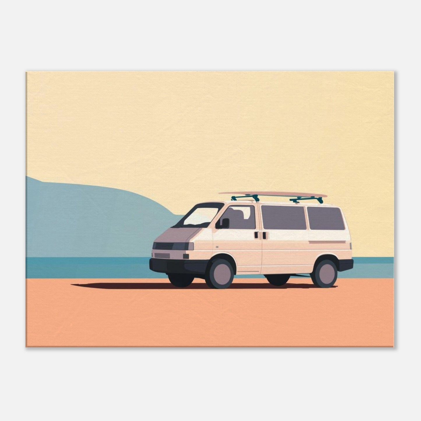 “Waiting for the Waves” – Minimalist VW Camper Van Canvas Print, Surf-Inspired Coastal Wall Art, Digital Artwork by Rampage Design Studio - Rampage Design Studio