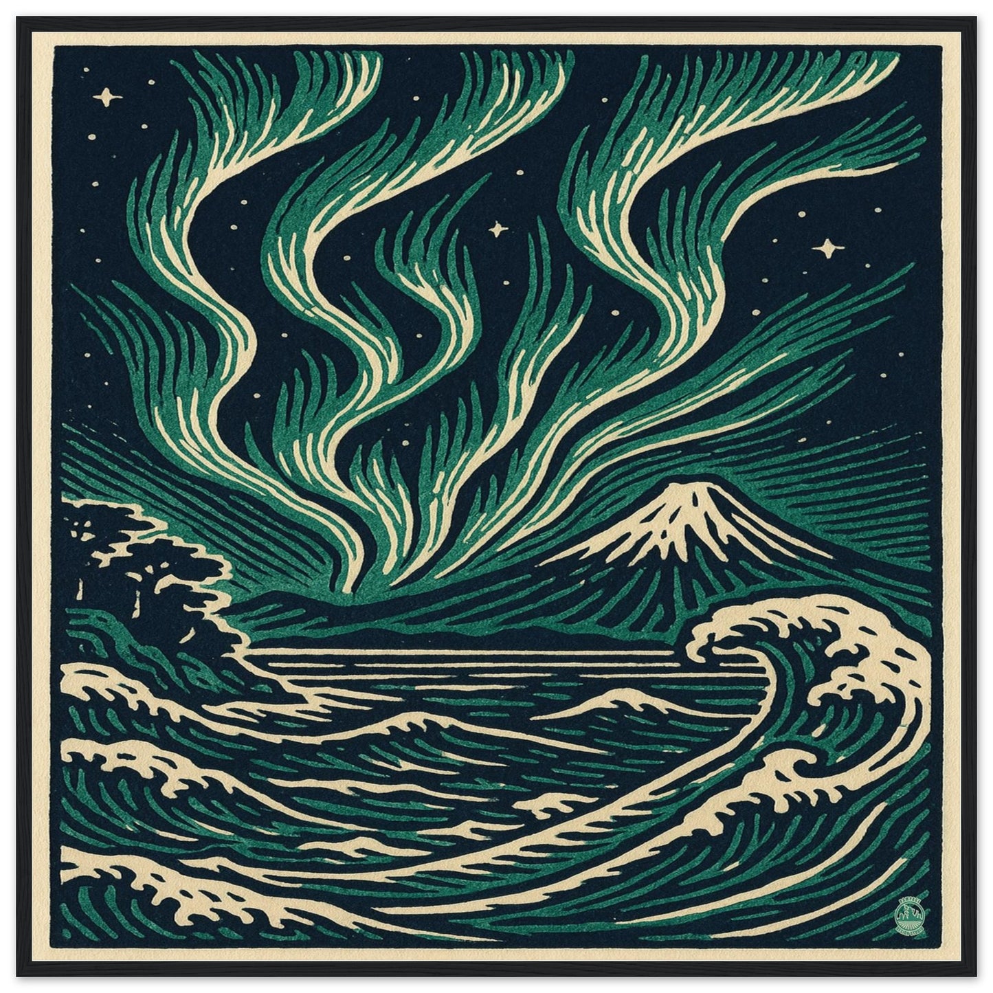 Aurora Night Waves – Japanese Linocut Style Framed Wall Art Print - Rampage Design Studio