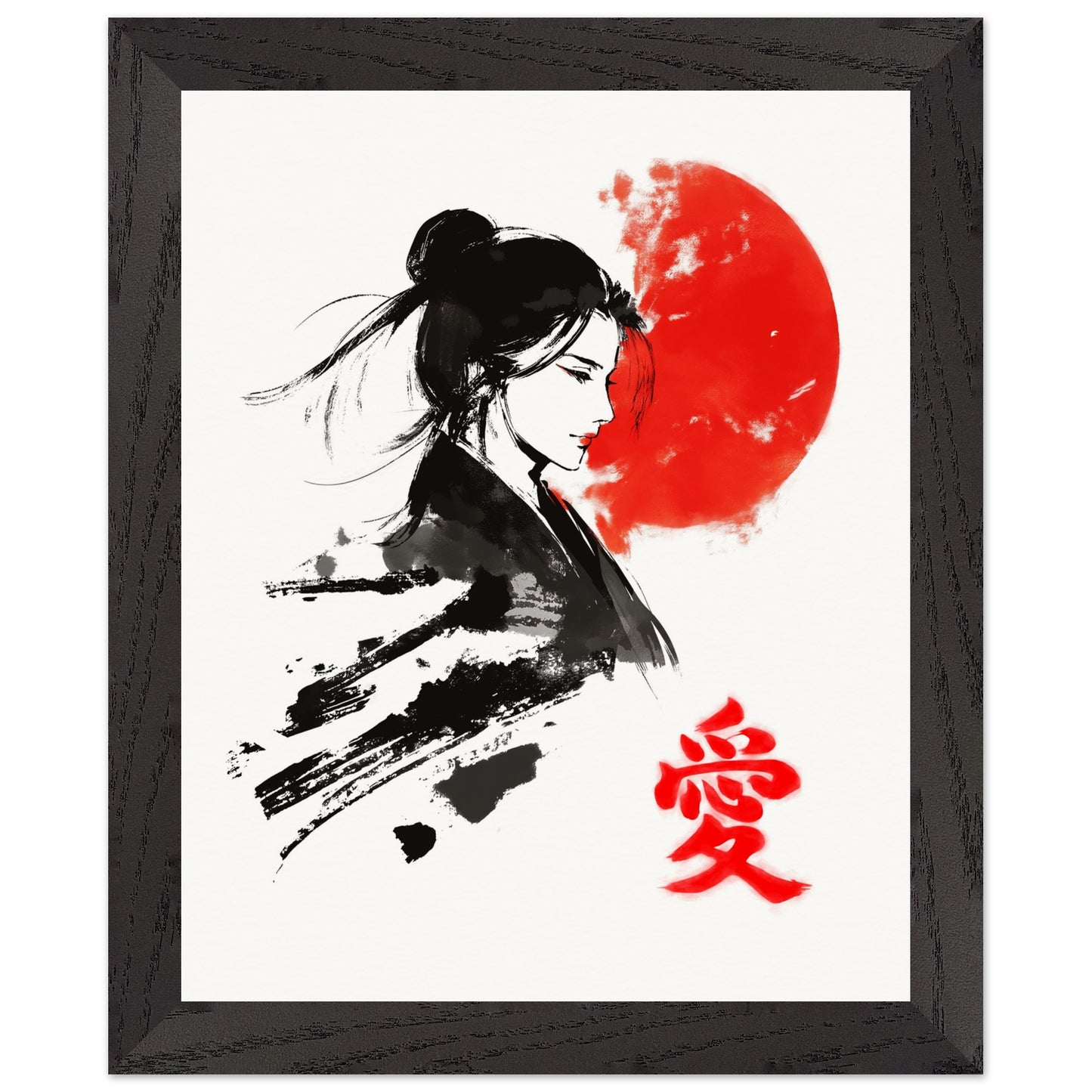 Japanese Woman Art Print Rising Sun Love Kanji Elegant Sumi-e Wall Decor Japanese Art Poster Love Poster - Rampage Design Studio