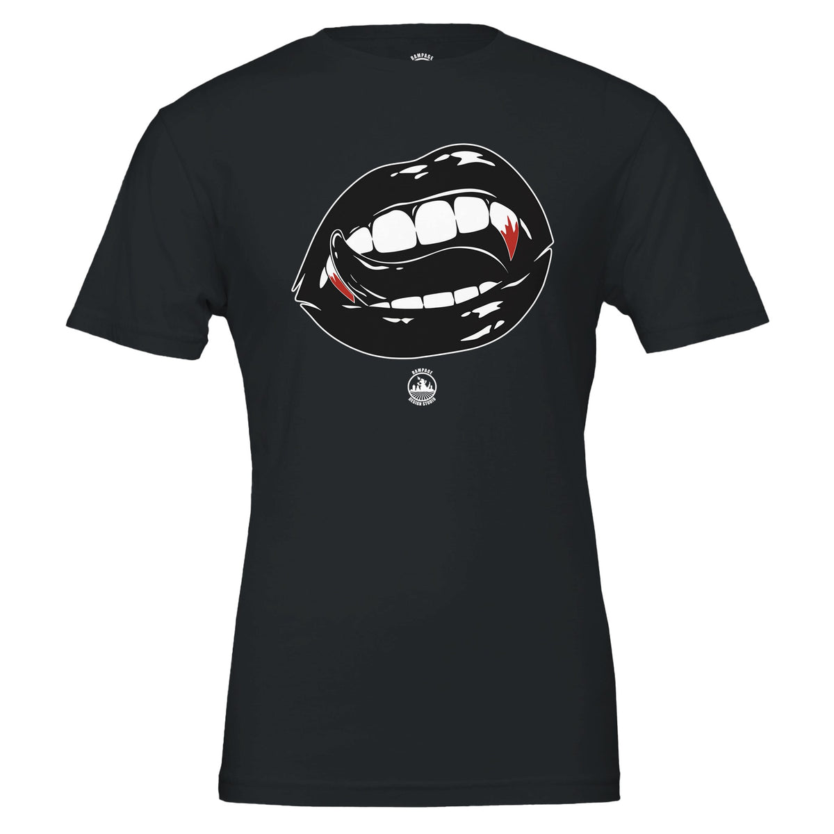A black short-sleeve t-shirt with a graphic of vampire lips on the chest, featuring white teeth, white outlines, and red fangs, shown against a plain white background.