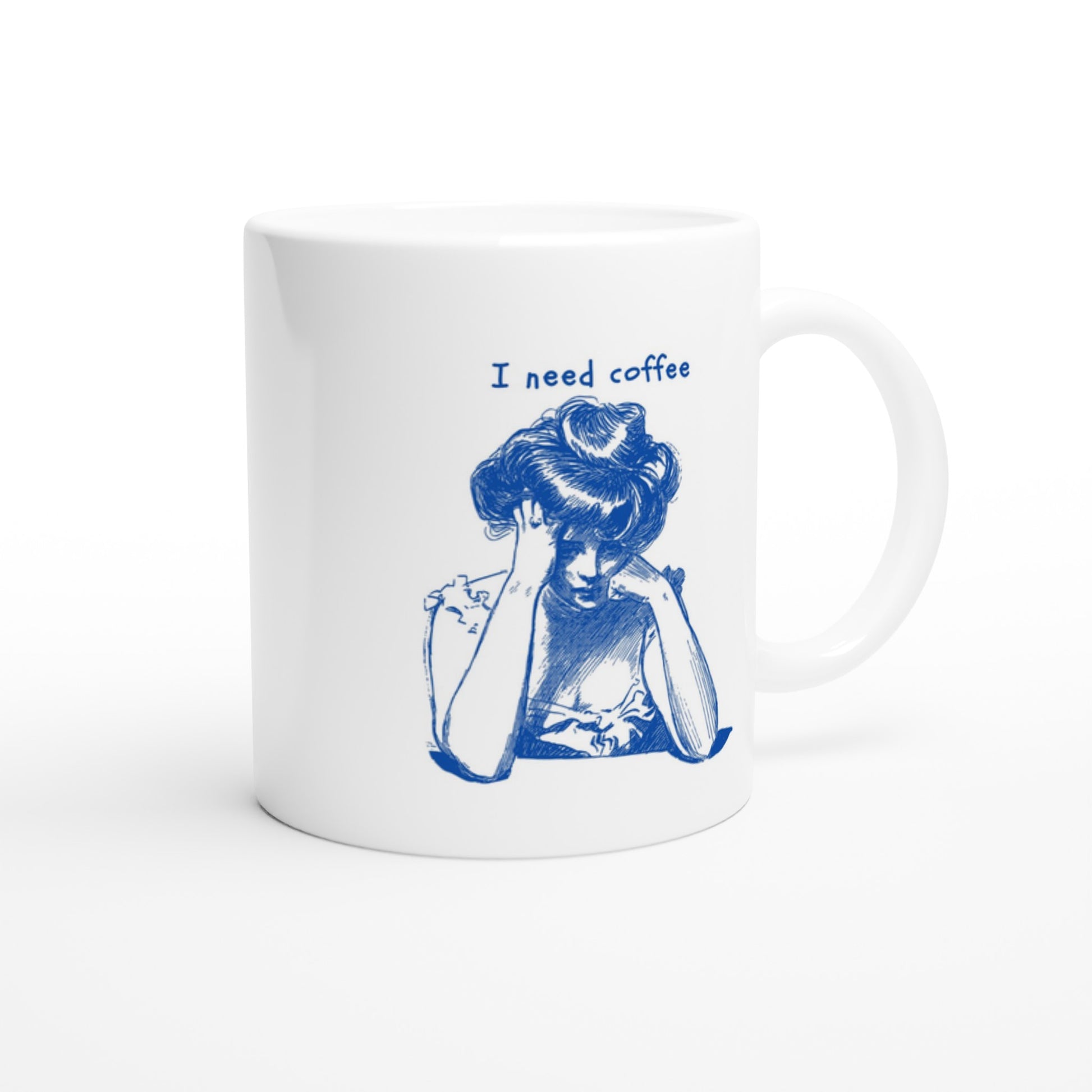 I Need Coffee Mug – Tired Woman Illustration – 11oz Ceramic, Microwave & Dishwasher Safe - Rampage Design Studio