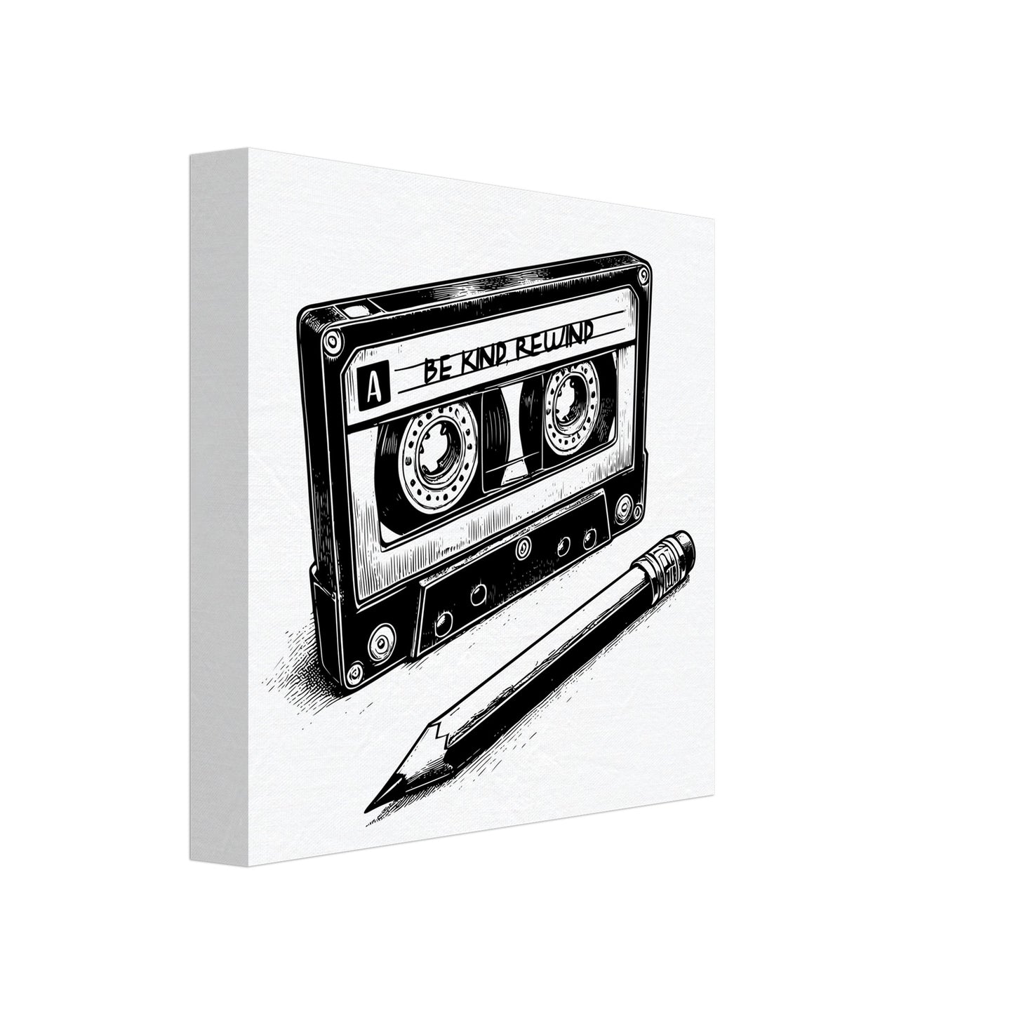 Be Kind Rewind Canvas Print, Retro Cassette Tape & Pencil Illustration, cassette tape sign, music lovers gift, record shop sign - Rampage Design Studio
