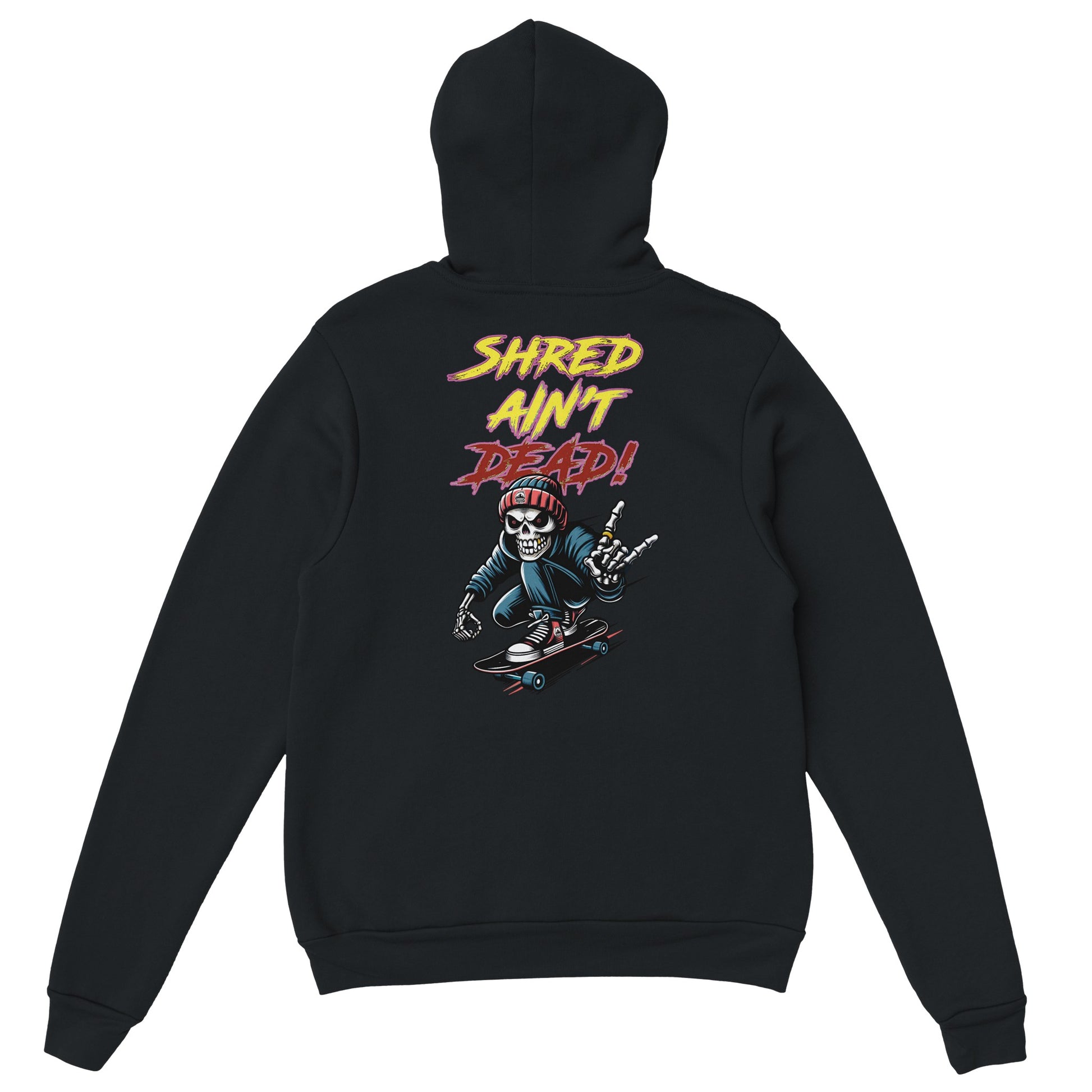 Skeleton Skater Hoodie - Shred Ain’t Dead Skateboard Hoodie  - Punk Rock Streetwear - Skull Skateboard Hoodie – Alt Fashion Gift - Rampage Design Studio