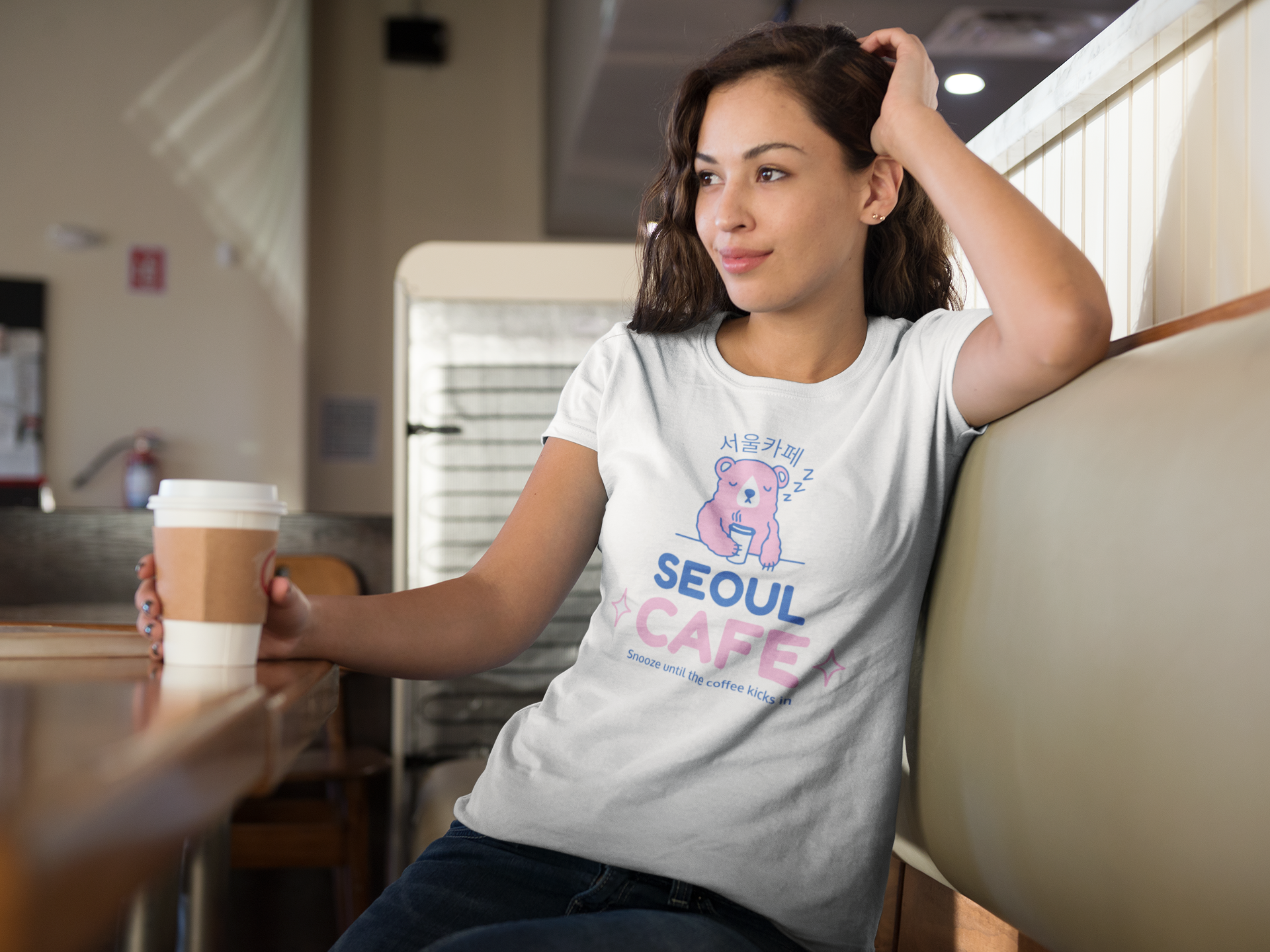 Sleepy Bear T-shirt, Cute Seoul Cafe Design, coffee lovers gift, cafe culture, Korean Design, funny cute design, coffee tee, Soft Cotton, Funny Coffee Quote - Rampage Design Studio
